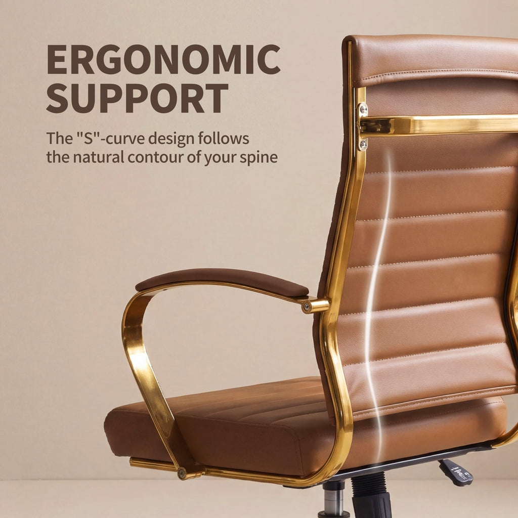 Gold Office Desk Chair, Ergonomic Leather Modern Conference Room Chairs, Executive Ribbed Height Adjustable Swivel Rolling Golden Chair for Home Office.