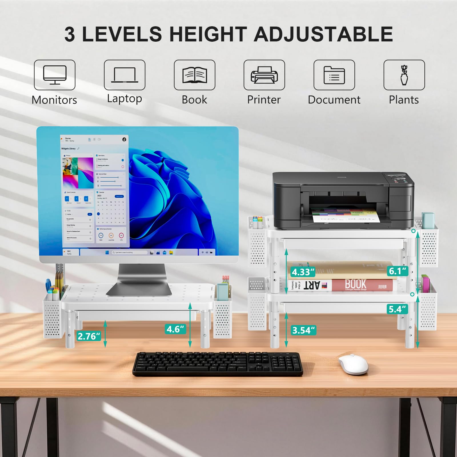 Computer Monitor Stand with Storage, Desk Organizer with Drawer and Pen Holder, Desk Monitor Riser 3 Height Adjustable, Laptop Riser for Computer, Laptop, Printer(PTT003-W), 1 Pack, White