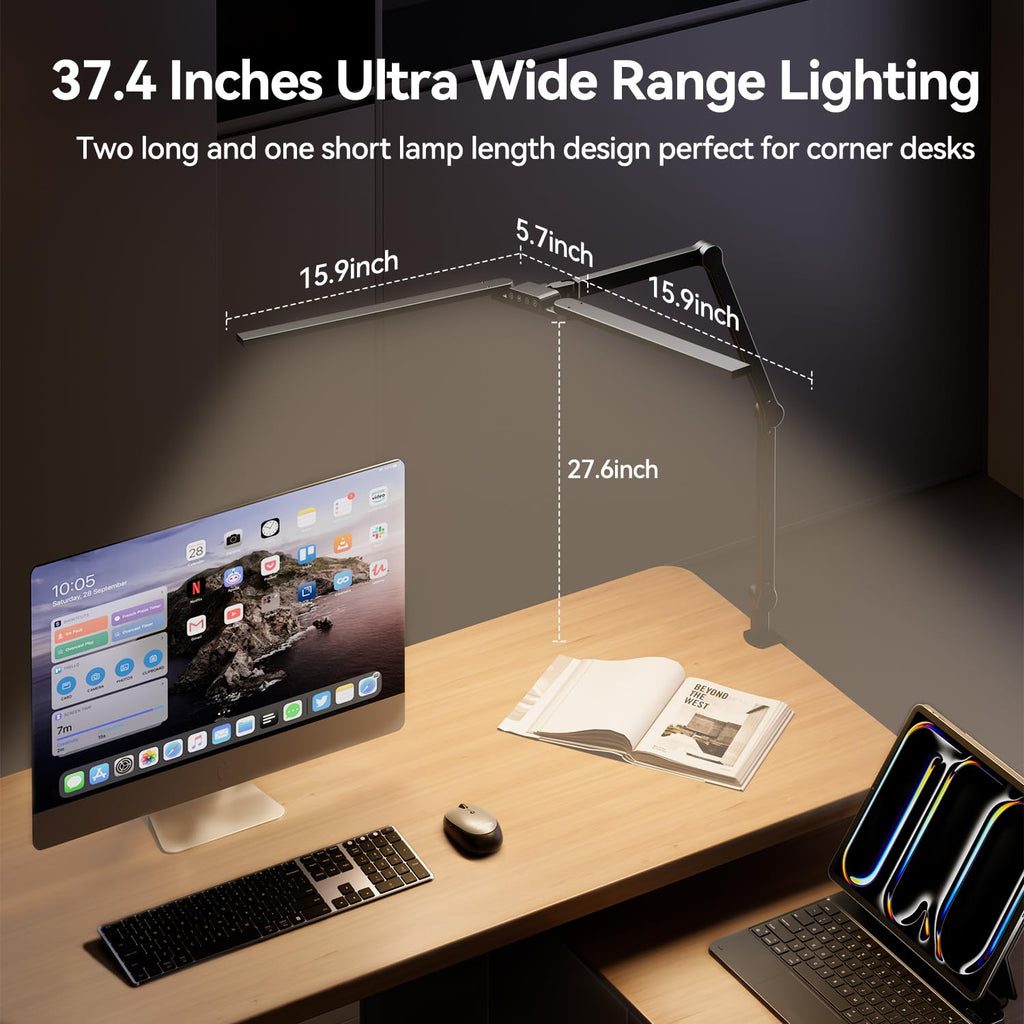 LED Architect Desk Lamp with Clamp - 24W Ultra Bright Adjustable Swing Arm Light for Home Office, 3000 Lumen Auto Dimming Computer Lamp with Stepless Touch Control, Rotatable for Video Calls, Drafting