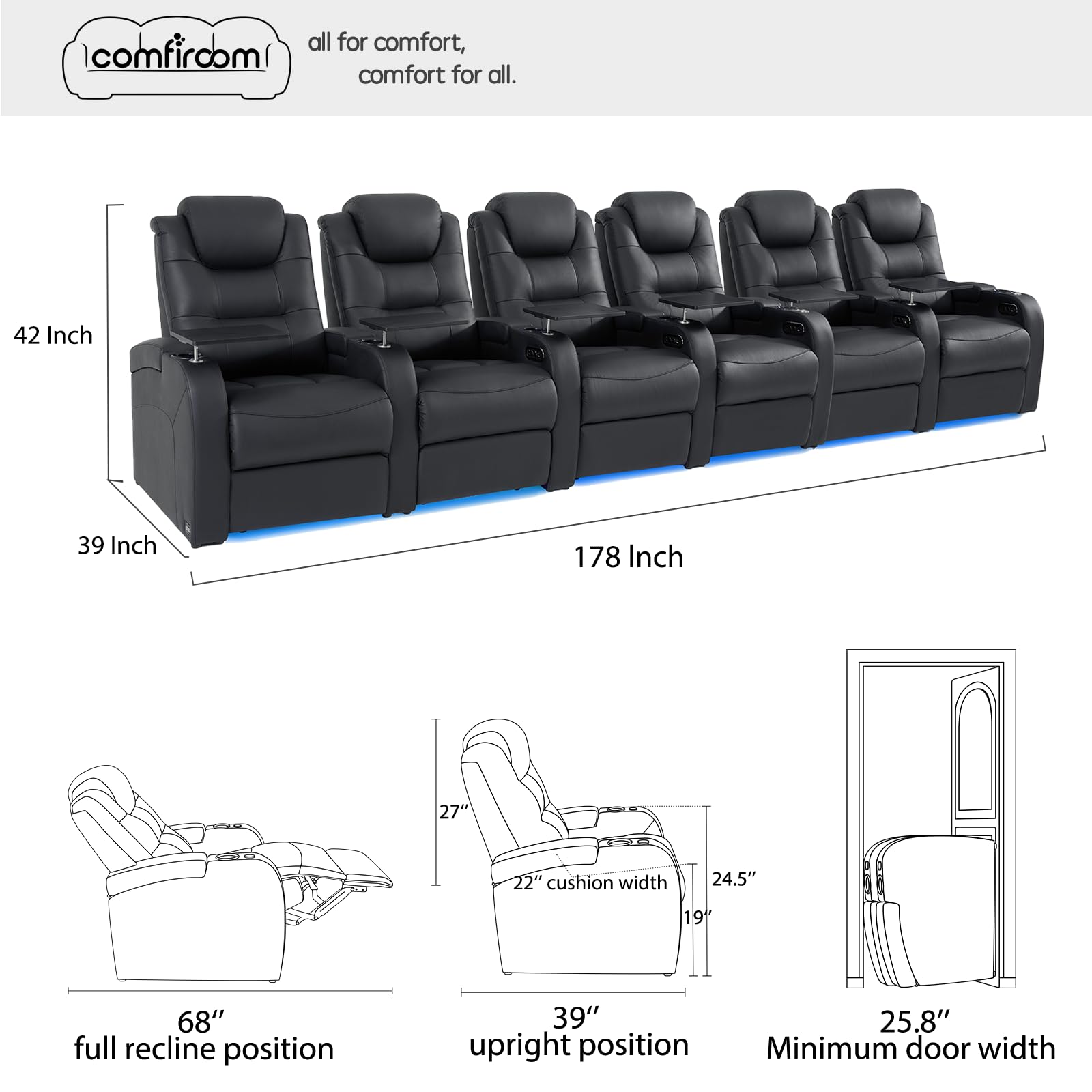 Home Theater Seating Seats Simple Style Top Grain Nappa Leather Recliner Chair Dual Power Movie Theater Chairs Gaming Sofa Electric Headrest with Tray Table (Black, Row of 6)