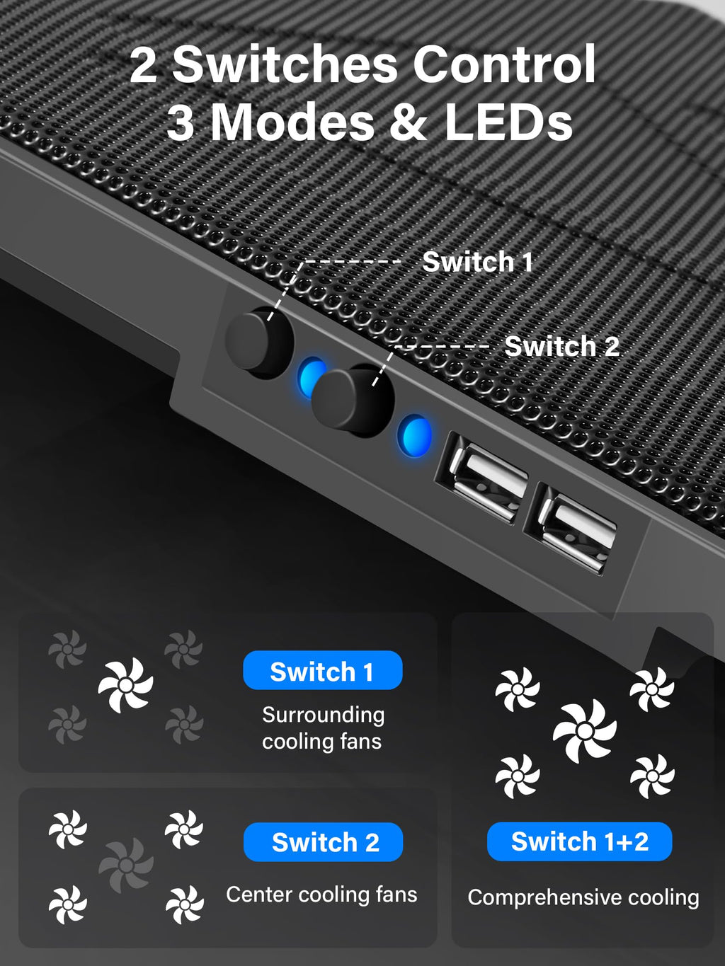 Laptop Cooling Pad, Laptop Cooler with 5 Quiet Fans for 12"-17" Computer PC Notebook Gaming Laptop Fan, Height Adjustable Laptop Cooling Stand Laptop Accessories, Blue