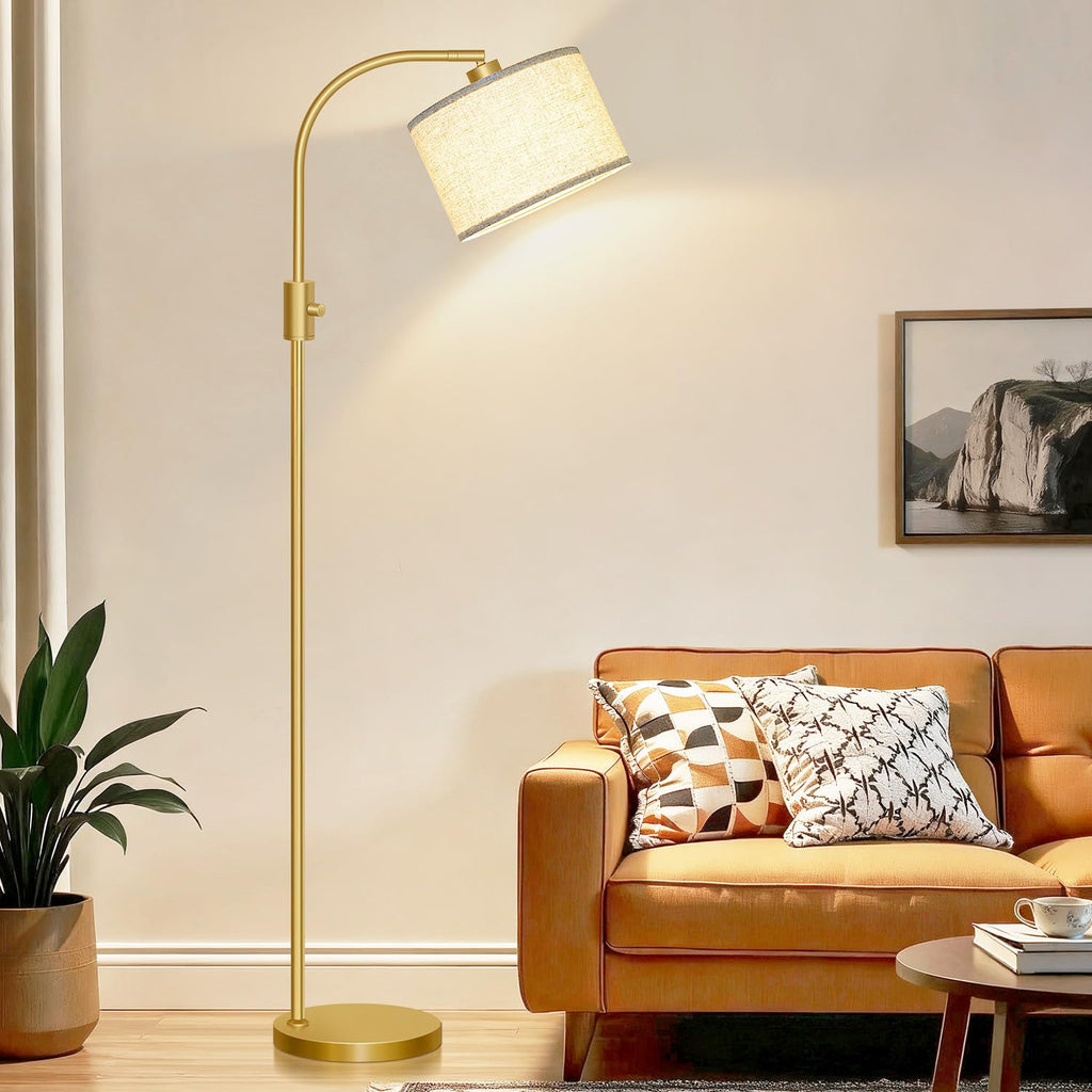 Upgraded Modern Arc Dimmable Tall Standing Floor Lamp with Linen Shade, 1200 Lumens LED Bulb Included, for Living & Reading Room, Bedroom, Office & Nursery, Gold