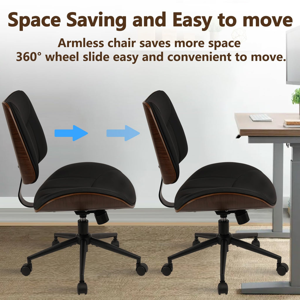 Office Chair Armless with Wheels, Mid-Century Modern Walnut Desk Chair, Adjustable Height Reading Chair, PU Leather Mid Back & Swivel Computer Chairs for Home Meeting Room Bedroom, Black(2 PK)