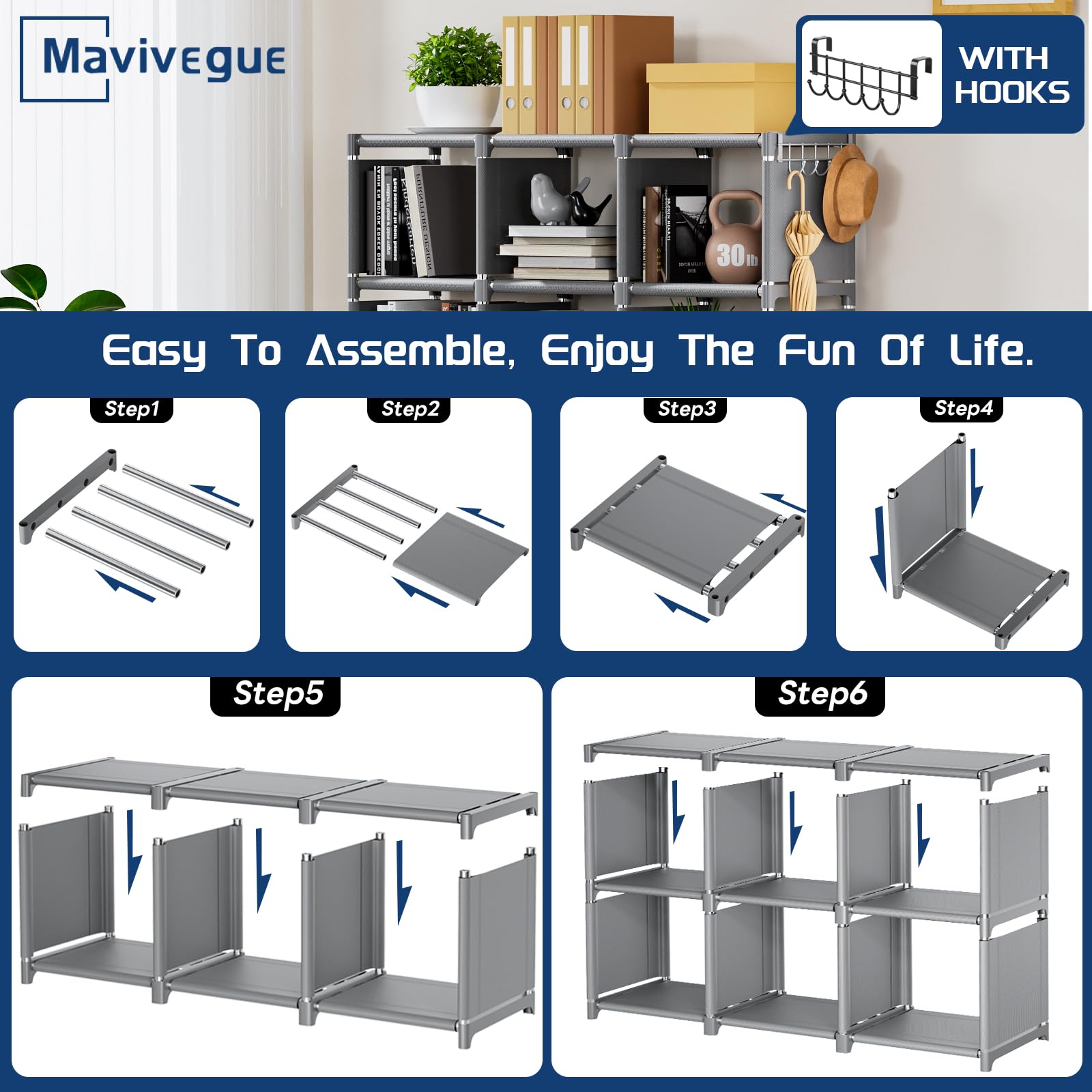 Book Shelf, 12 Cube Storage Organizer, DIY Bookcase, Metal Cube Bookshelf,Tall Book case for Bedroom, Living Room,Office,Closet Storage Organizer, Grey Cubicle Storage Rack