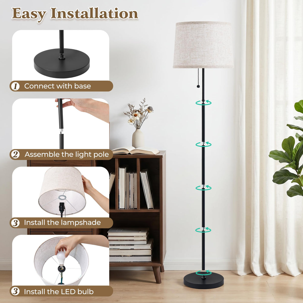 Floor Lamps for Living Room & Bedroom, 60" Modern Tall Standing Lamp, 3CCT