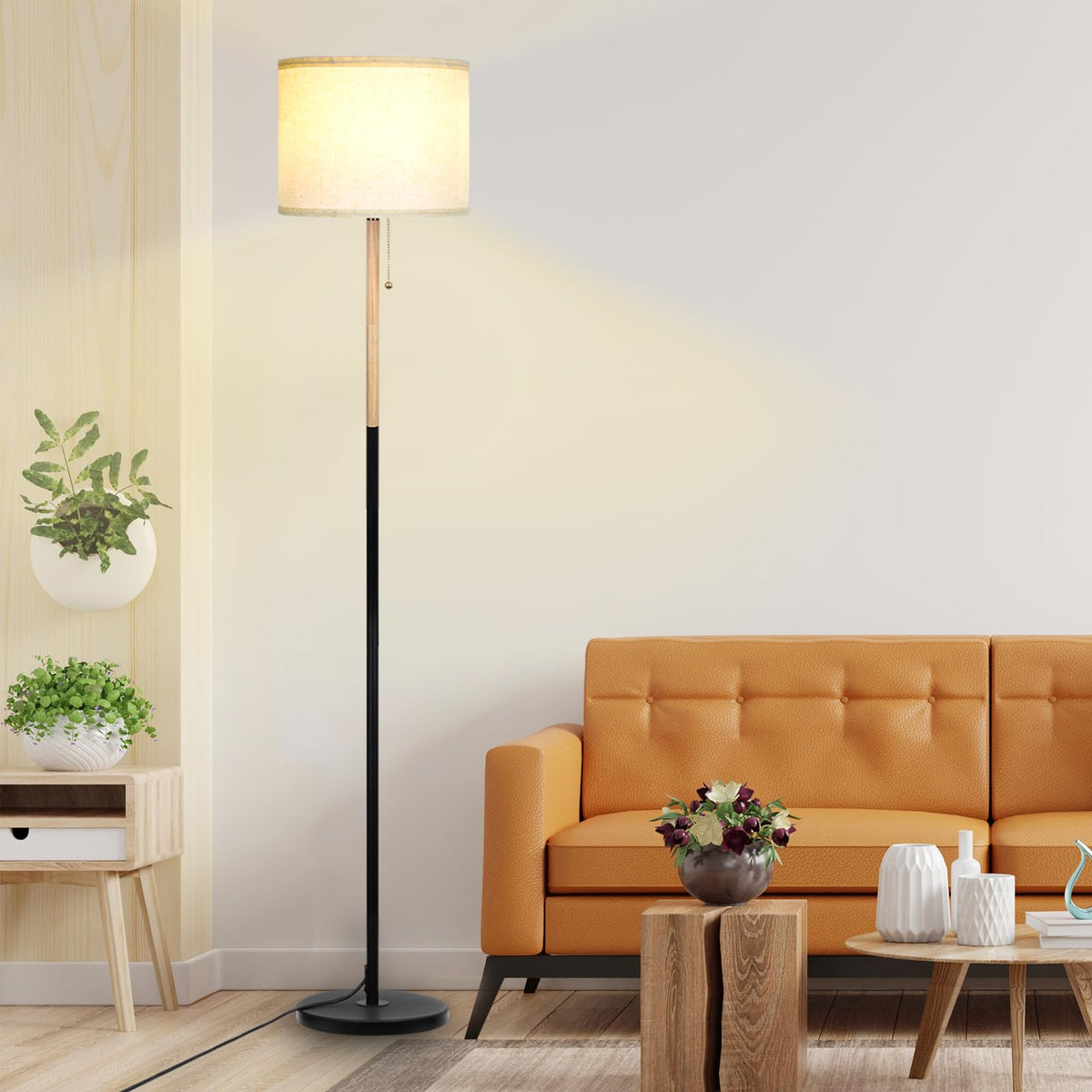 Bedroom Standing Floor Lamp with Linen Shade,White+ Wood Black Pole