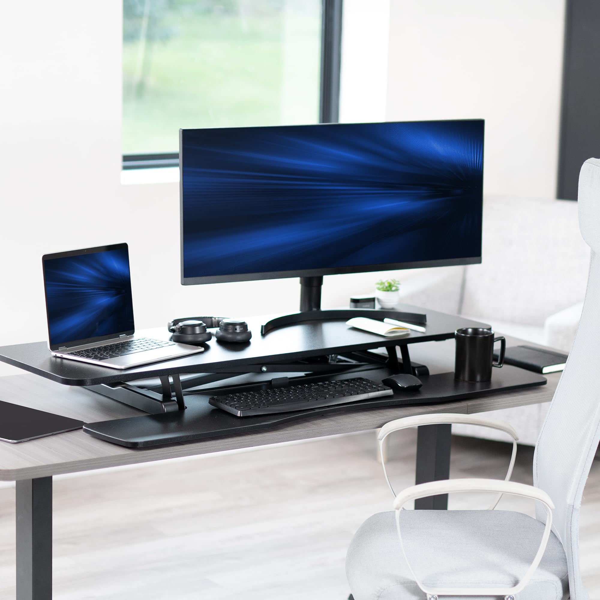 48 inch Desk Converter, K Series, Height Adjustable Sit to Stand Riser, Dual Monitor and Laptop Workstation with Wide Keyboard Tray, Black, DESK-V048KB