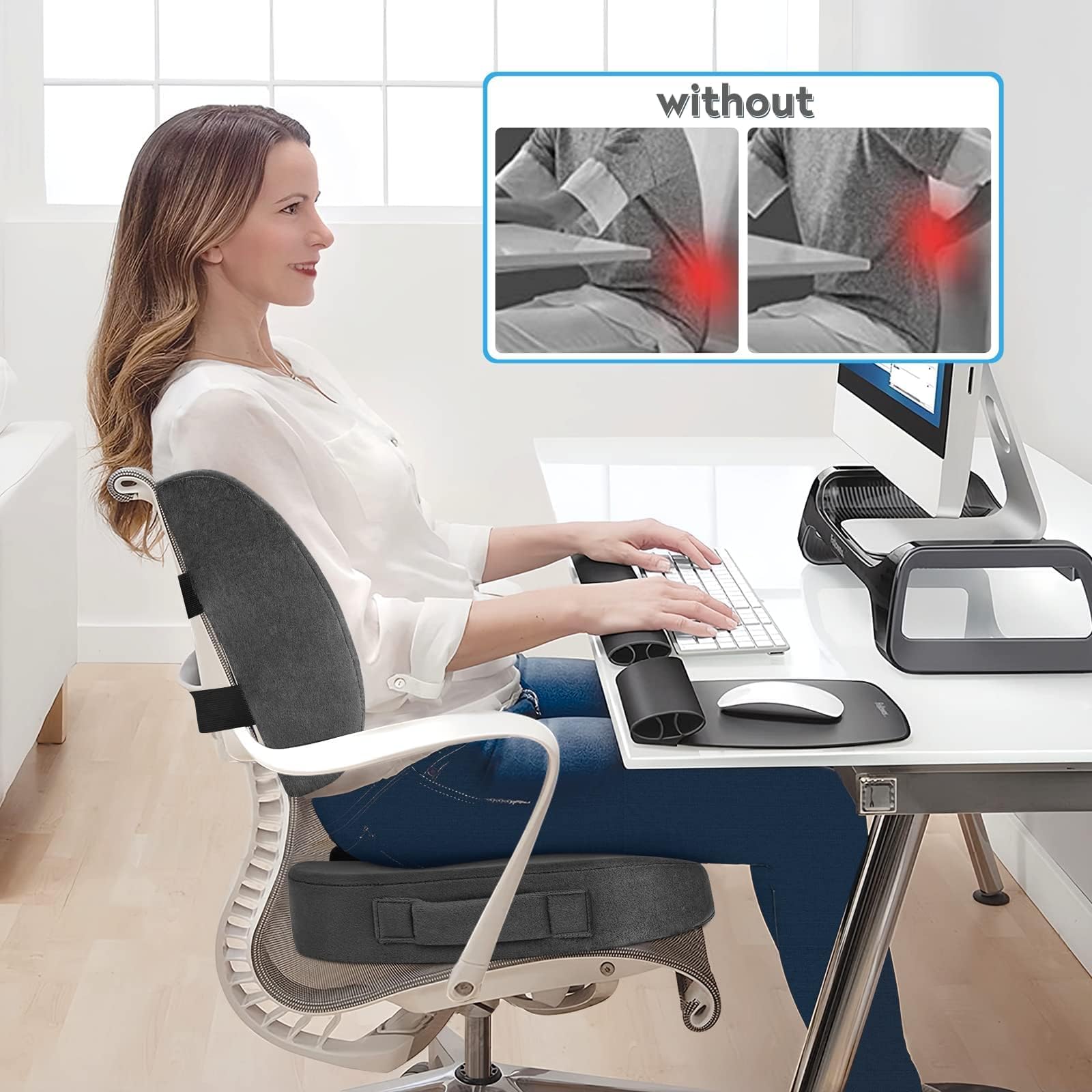 Lumbar Support Pillow & Seat Cushion Set for Office Chair, Desk Chair, Wheelchair & Car – Memory Foam Back Support, Ergonomic Chair Cushions, Sciatica Pain Relief, Home Essentials, Grey