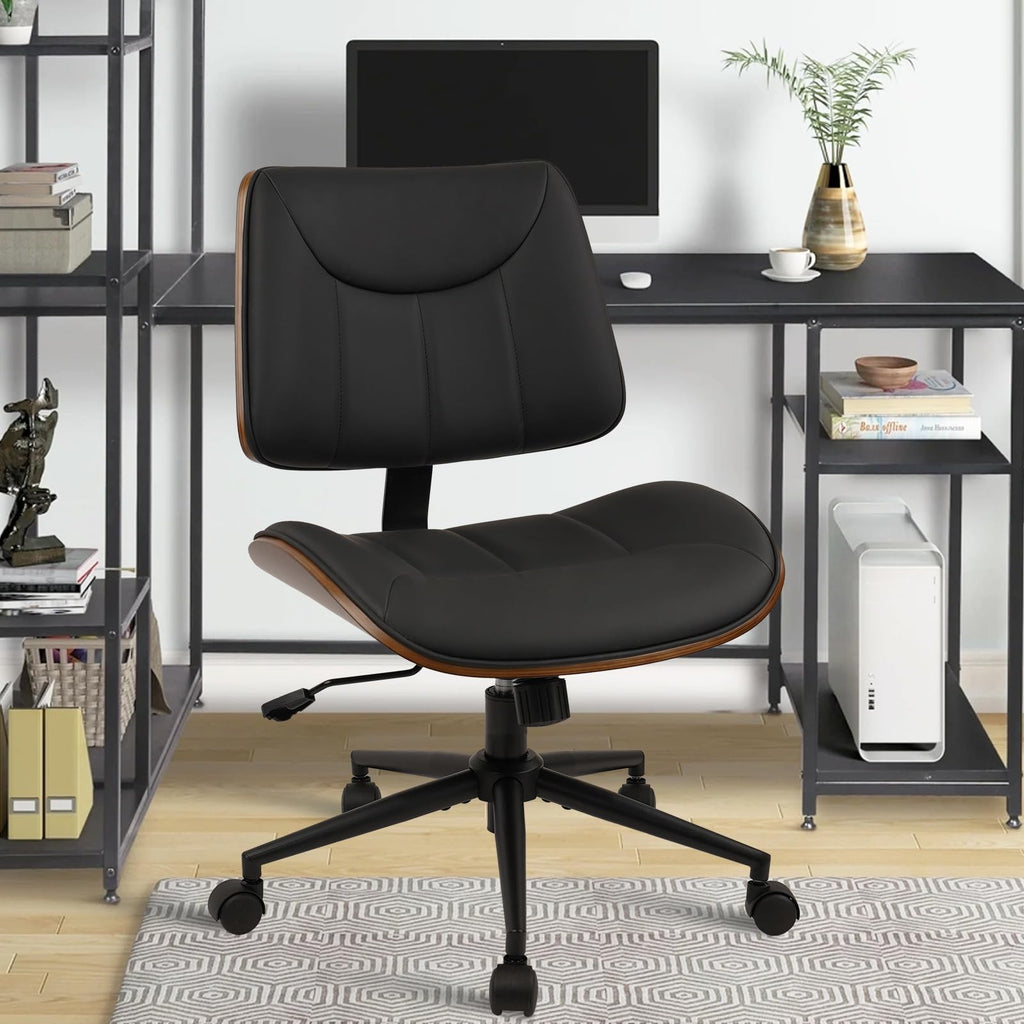 Office Chair Armless with Wheels, Mid-Century Modern Walnut Desk Chair, Adjustable Height Reading Chair, PU Leather Mid Back & Swivel Computer Chairs for Home Meeting Room Bedroom, Black(2 PK)