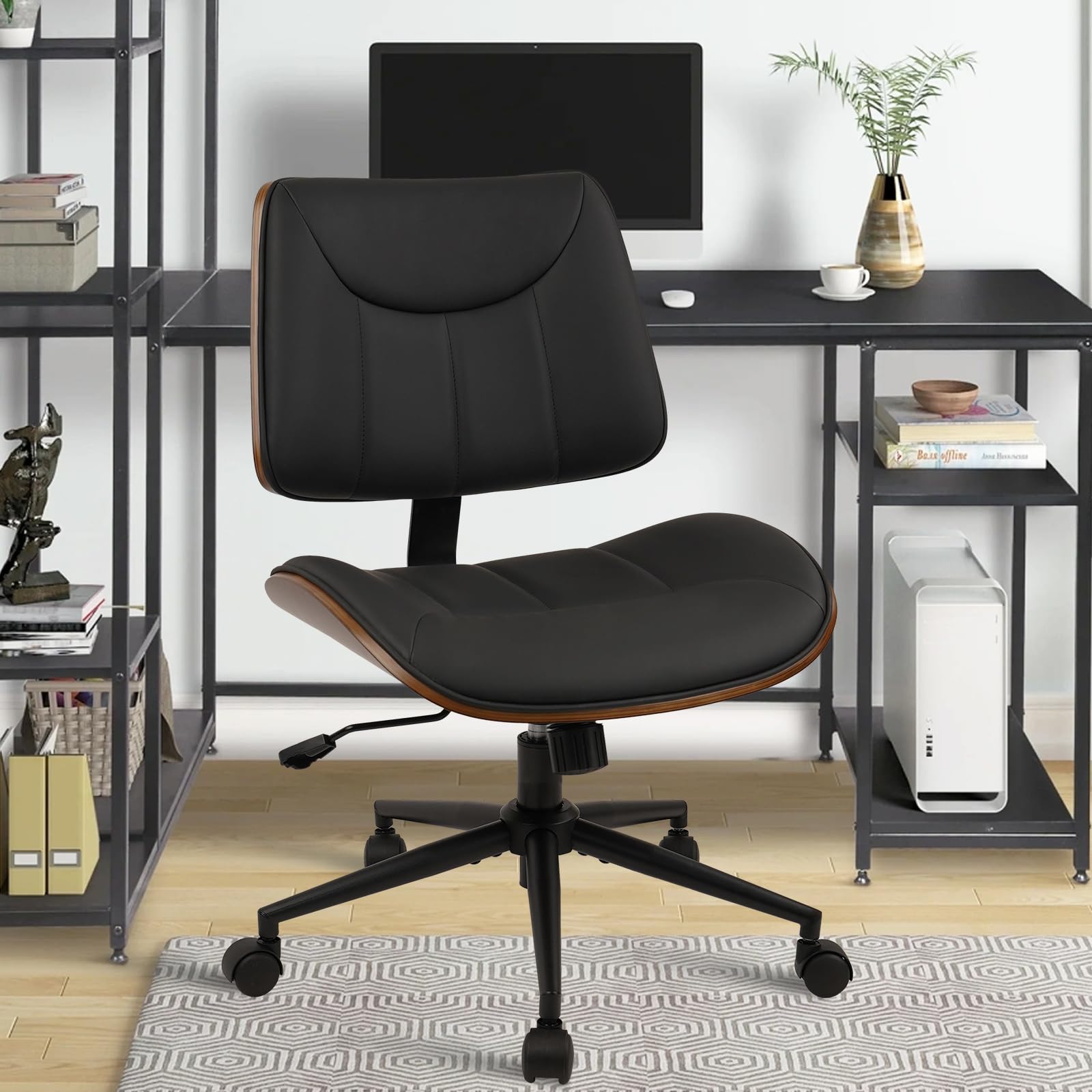 Office Chair Armless with Wheels, Mid-Century Modern Walnut Desk Chair, Adjustable Height Reading Chair, PU Leather Mid Back & Swivel Computer Chairs for Home Meeting Room Bedroom, Black(2 PK)