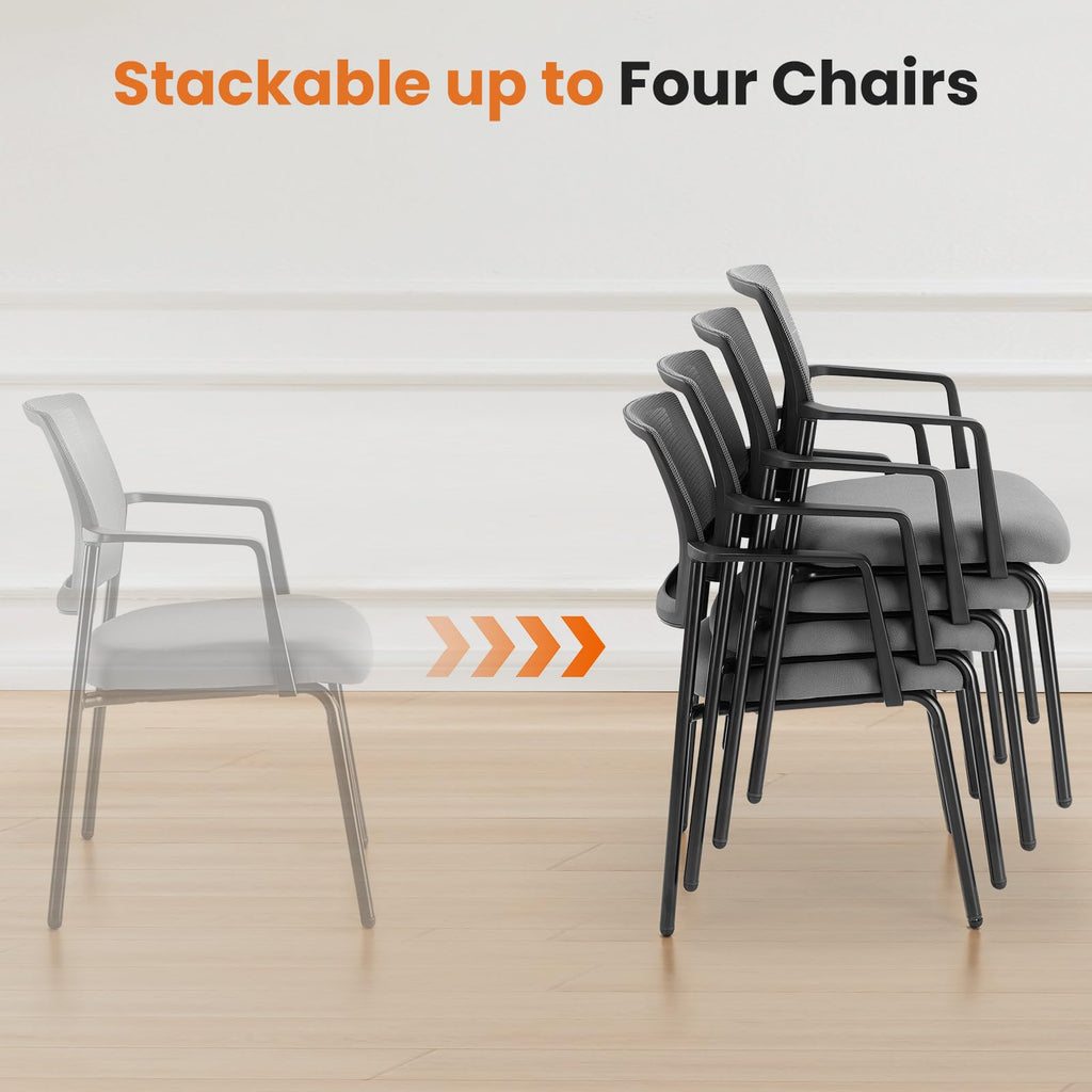 Mesh Back Stacking Arm Chairs, Upholstered Fabric Stacking Chairs, Sturdy Metal Office Chairs, Easy to Use and Store, Outdoor and Indoor, for Home, School, Party, Church, 1 Pack Grey