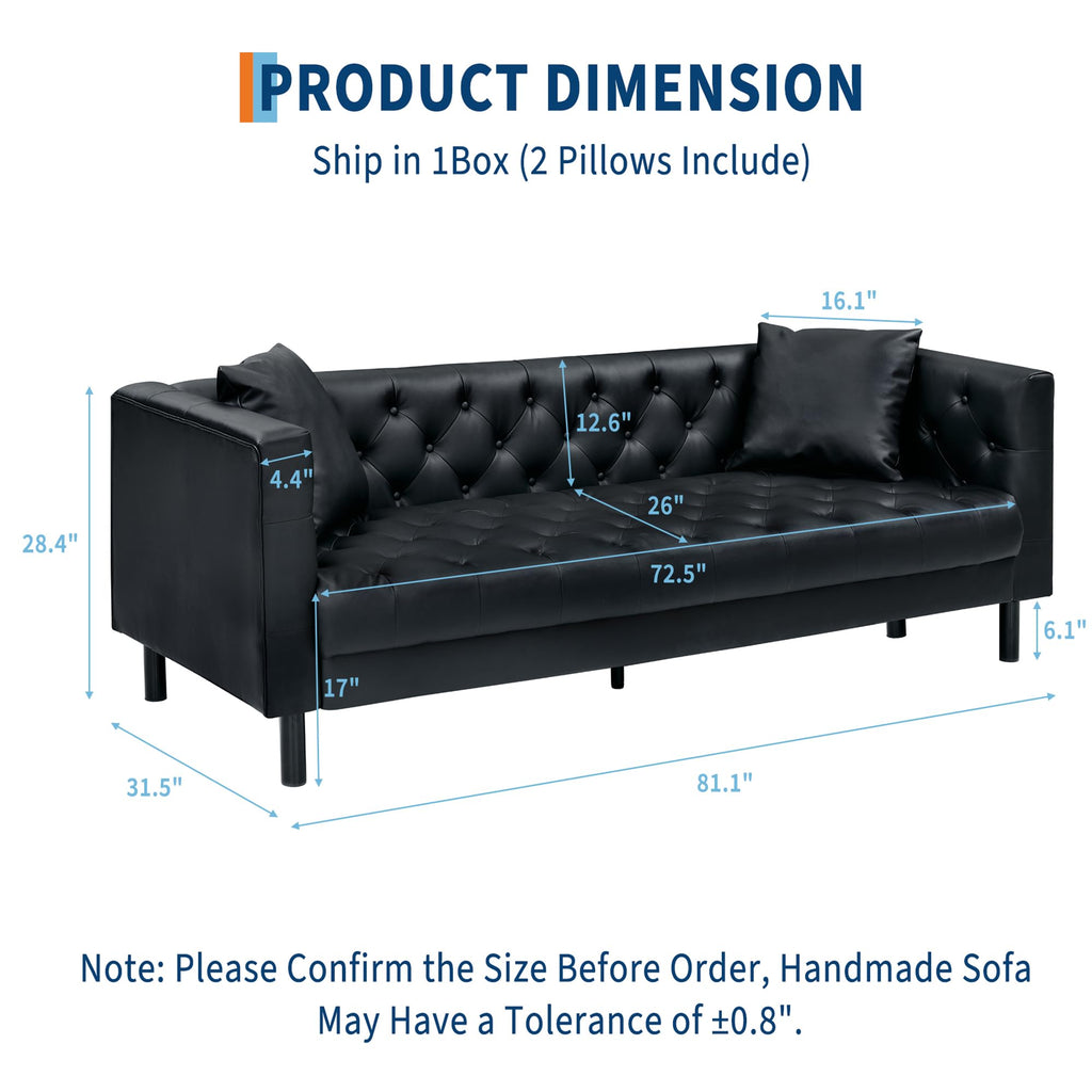 81 in Leather Couch, Modern Leather Sofa with Deep Seat, Handmade Button Tufted 3 Seater Sofa, Chesterfield Couch for Apartment or Office, Black