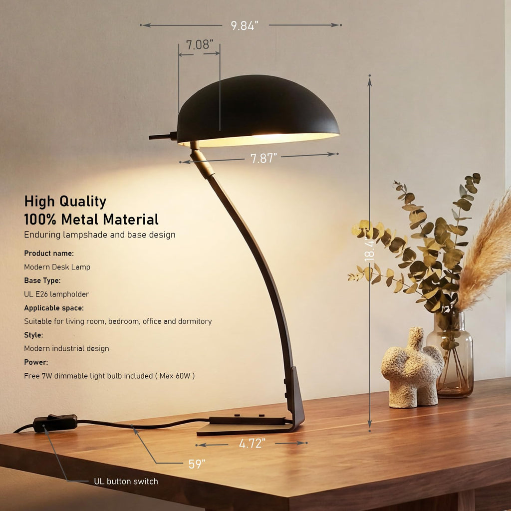 18.4" Metal Desk Lamp Modern Industrial Table Lamp, Adjustable Neck Architect Lights (3000K) with On/Off Switch, Bedside Reading Lamps for Office Bedroom Study Room Side Table (Sand Black)