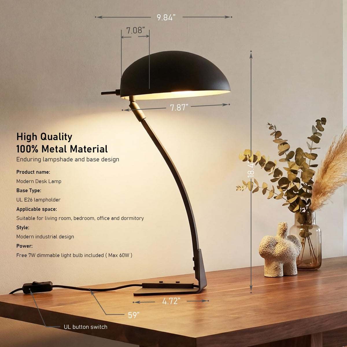 18.4" Metal Desk Lamp Modern Industrial Table Lamp, Adjustable Neck Architect Lights (3000K) with On/Off Switch, Bedside Reading Lamps for Office Bedroom Study Room Side Table (Sand Black)