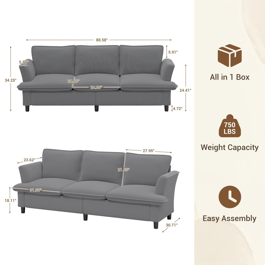 3 Seater Corduroy Couch, 89" Comfy Couch with Deep Seat, Modern Sofa Couch for  Office, Living Room, Bedroom, Apartment (Pillows not Included)