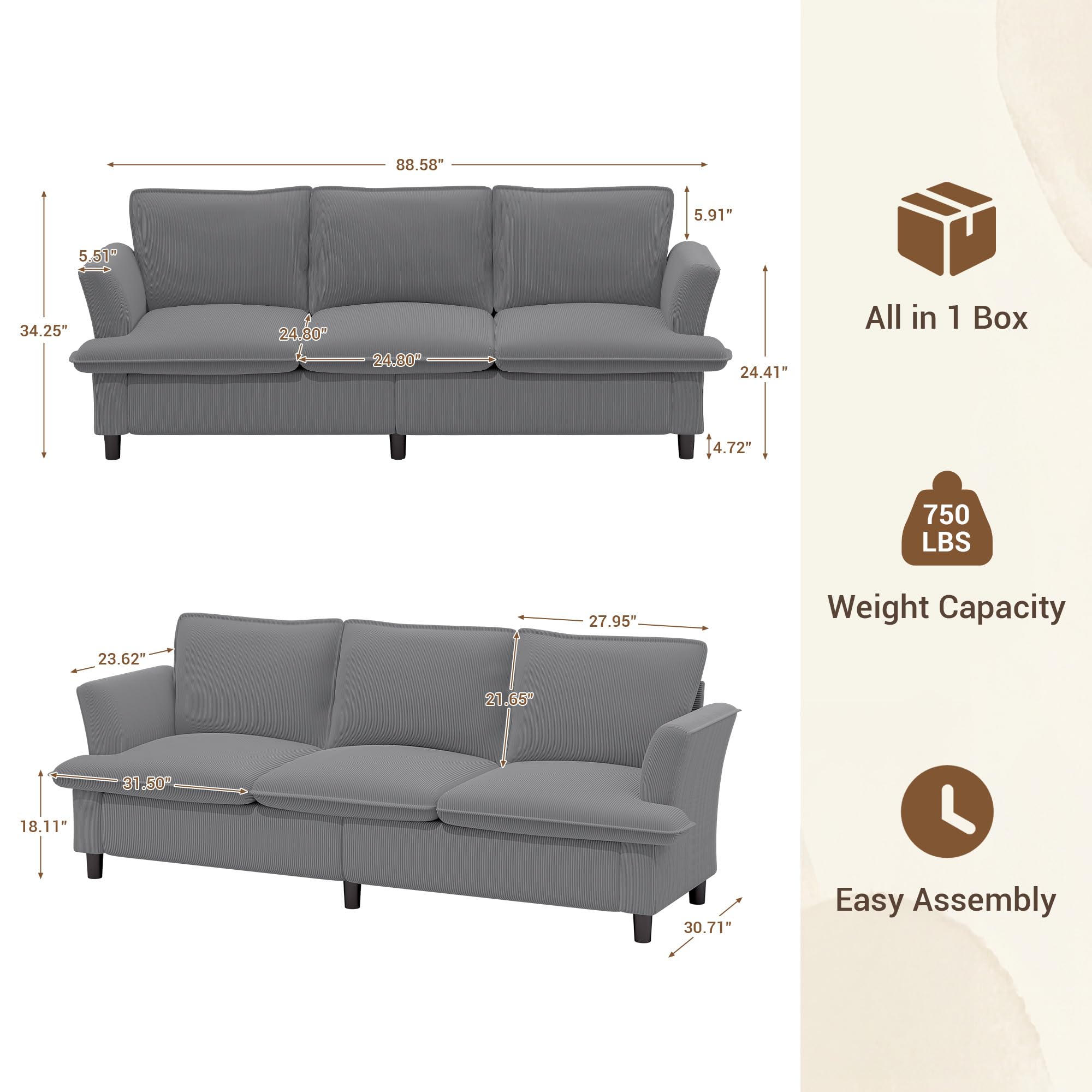 3 Seater Corduroy Couch, 89" Comfy Couch with Deep Seat, Modern Sofa Couch for  Office, Living Room, Bedroom, Apartment (Pillows not Included)