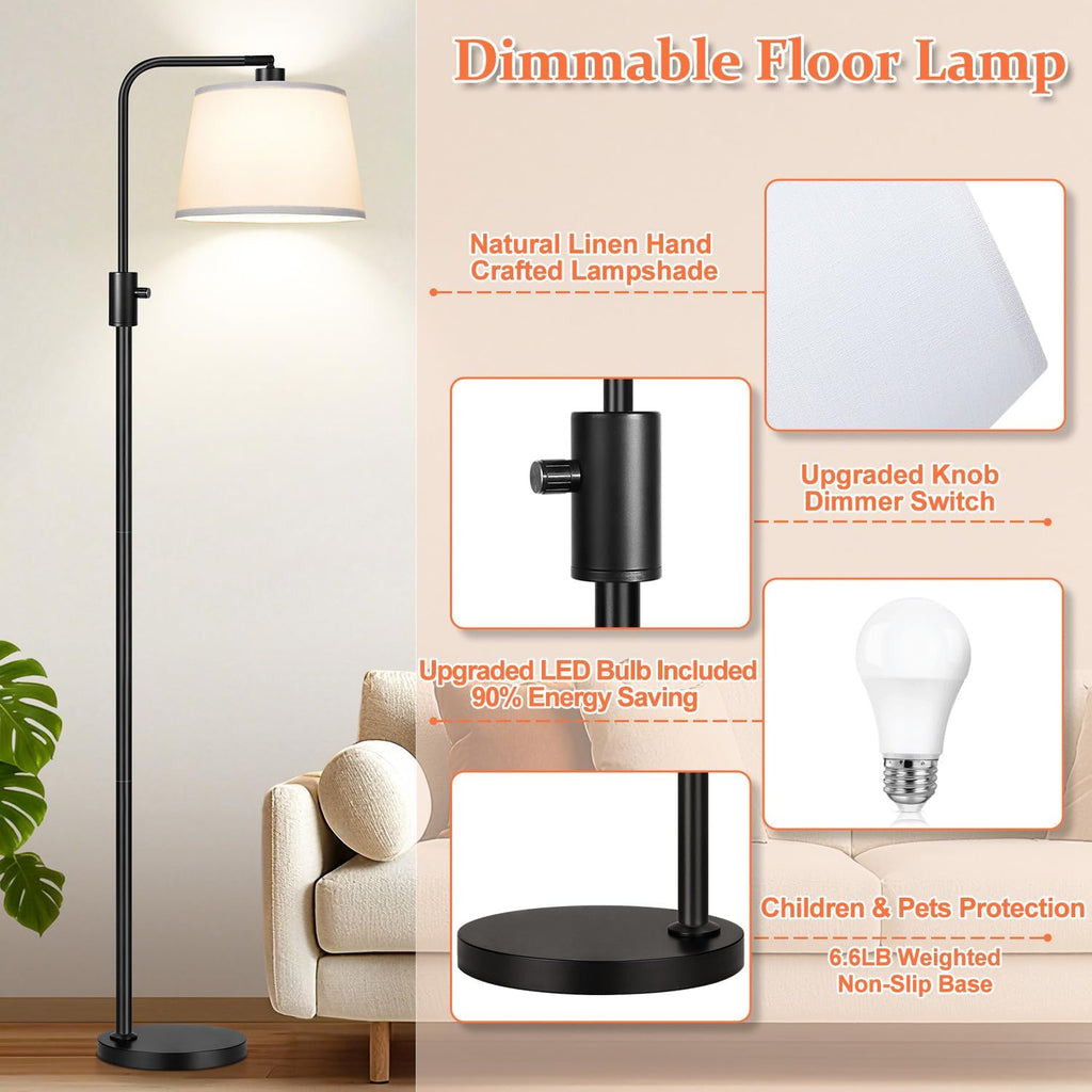 Floor Lamp, 1000 Lumens LED Edison Bulb Included, Arc Black Floor Lamps for Living Room Modern Standing Lamp with White Shade, Tall Lamps for Living Room Bedroom Office Dining Room