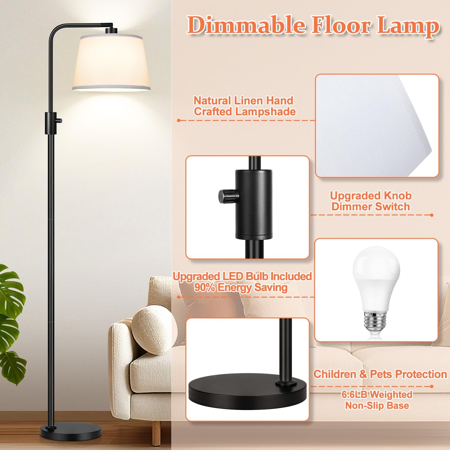 Floor Lamp, 1000 Lumens LED Edison Bulb Included, Arc Black Floor Lamps for Living Room Modern Standing Lamp with White Shade, Tall Lamps for Living Room Bedroom Office Dining Room