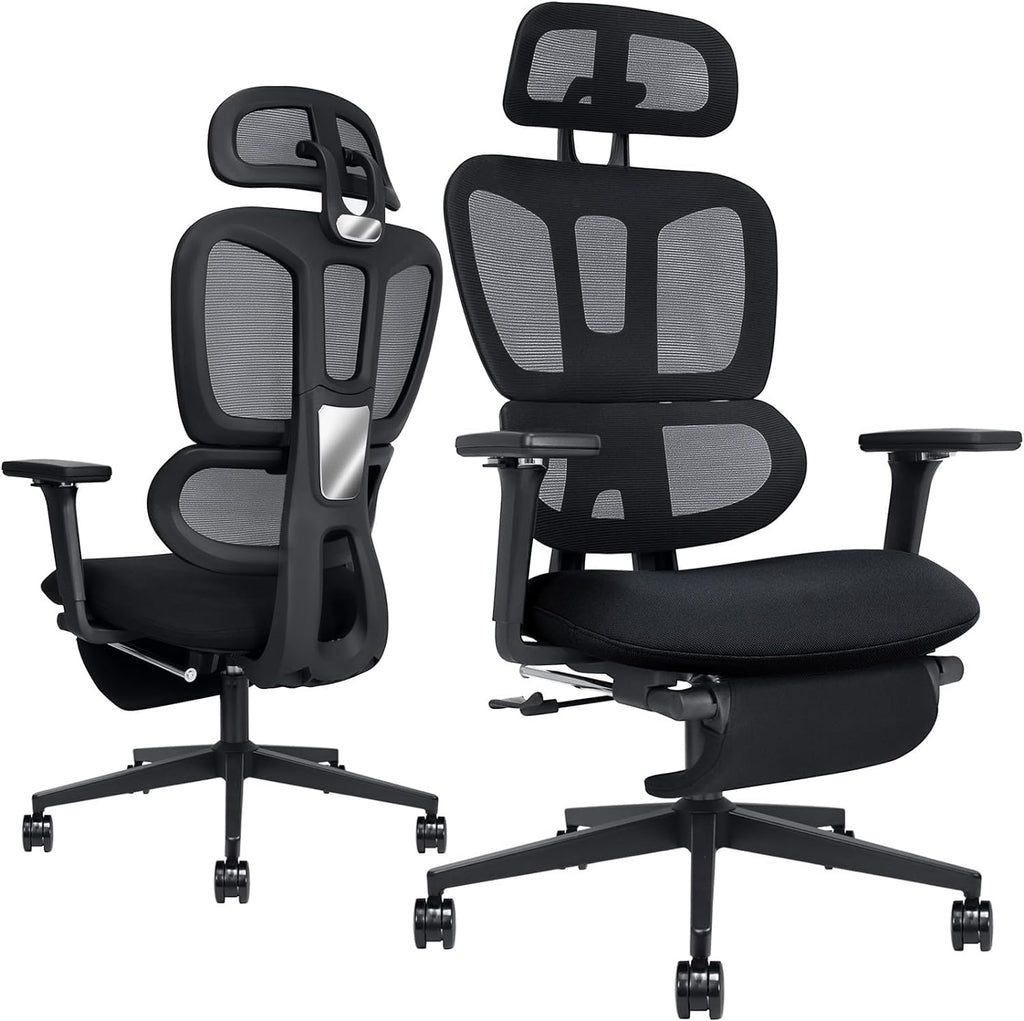 Ergonomic Office Chair with Foot Rest, High Back Computer Office Chair with Dynamic Lumbar Support, 2D Headrest, 4D Armrest, Sponge Seat, Mesh Home Office Desk Chair for Adults, Black