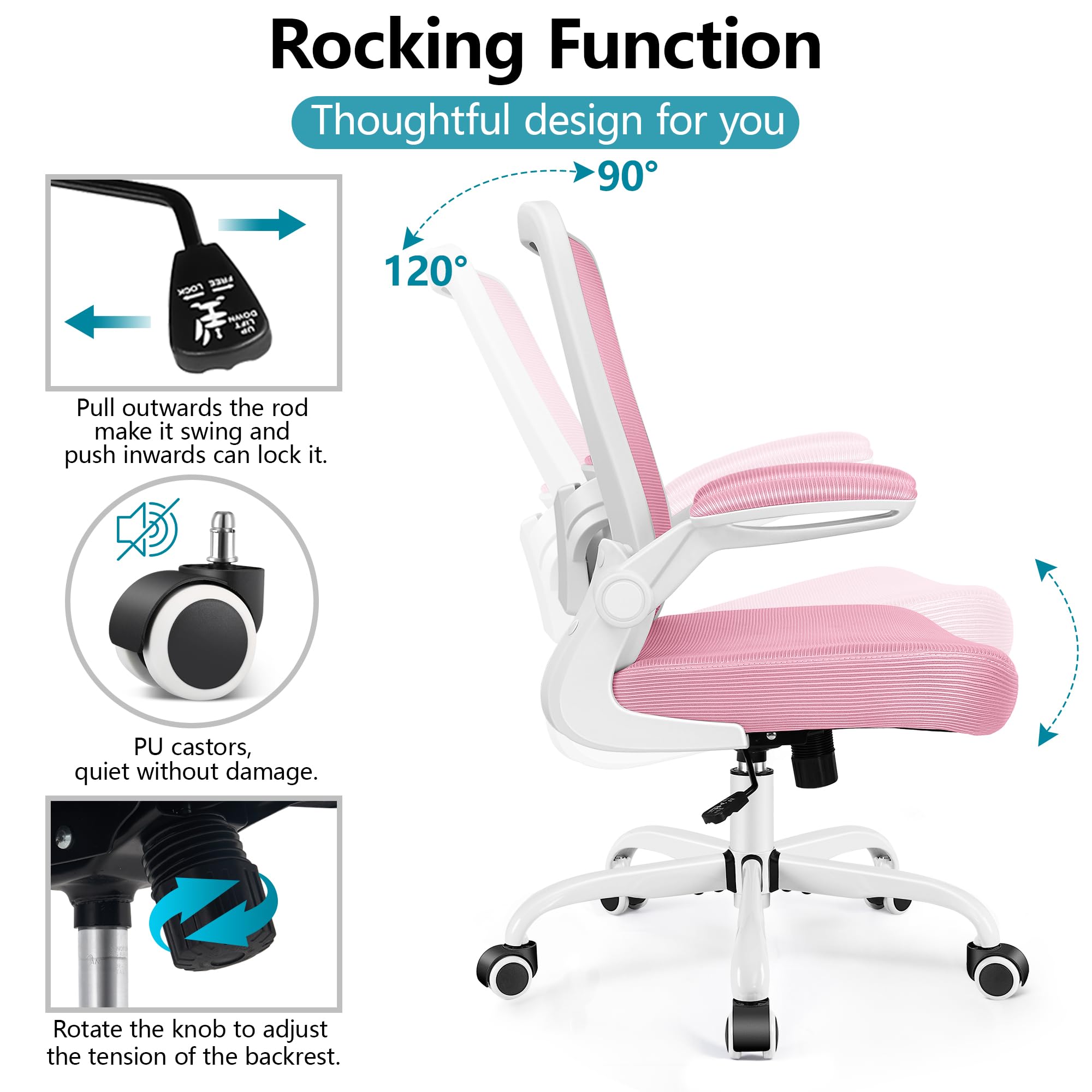 Office Chair, Ergonomic Desk Chair Breathable Mesh Chairs Adjustable High Back Lumbar Support Flip-up Armrests, Executive Rolling Swivel Comfy Computer Chairs Home Office Pink