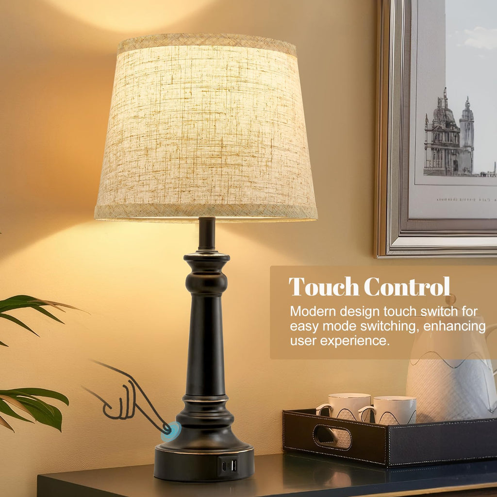 Touch Lamps for Nightstand Set of 2 - Black Table Lamp for Bedroom Dimmable Bedside Lamp with USB C+A Ports - Lamps for Night Stands Living Room End Table,2 LED Bulbs Included