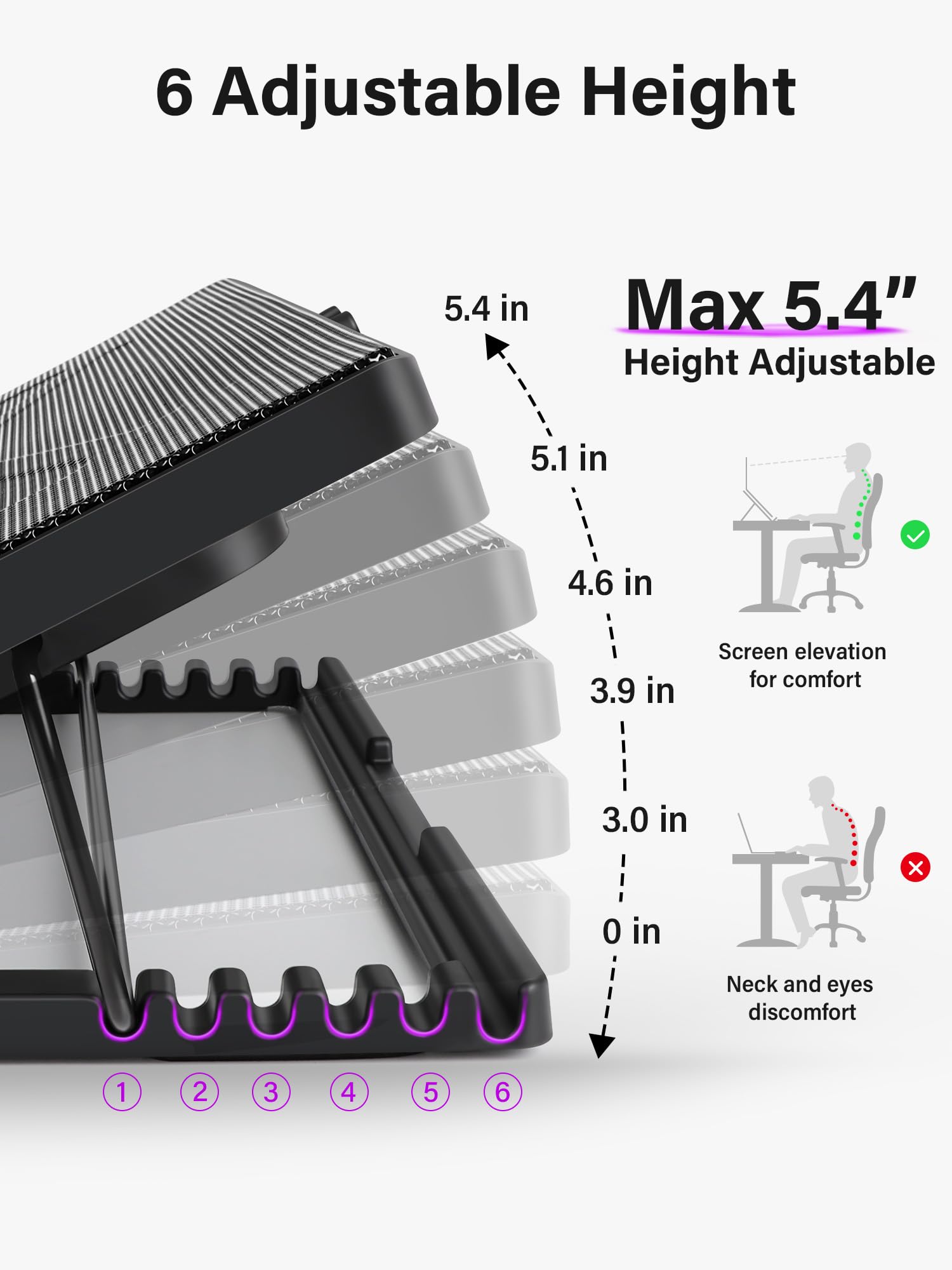 Laptop Cooling Pad, Laptop Cooler with 5 Quiet Fans for 12"-17" Computer PC Notebook Gaming Laptop Fan, Height Adjustable Laptop Cooling Stand Laptop Accessories (Purple)