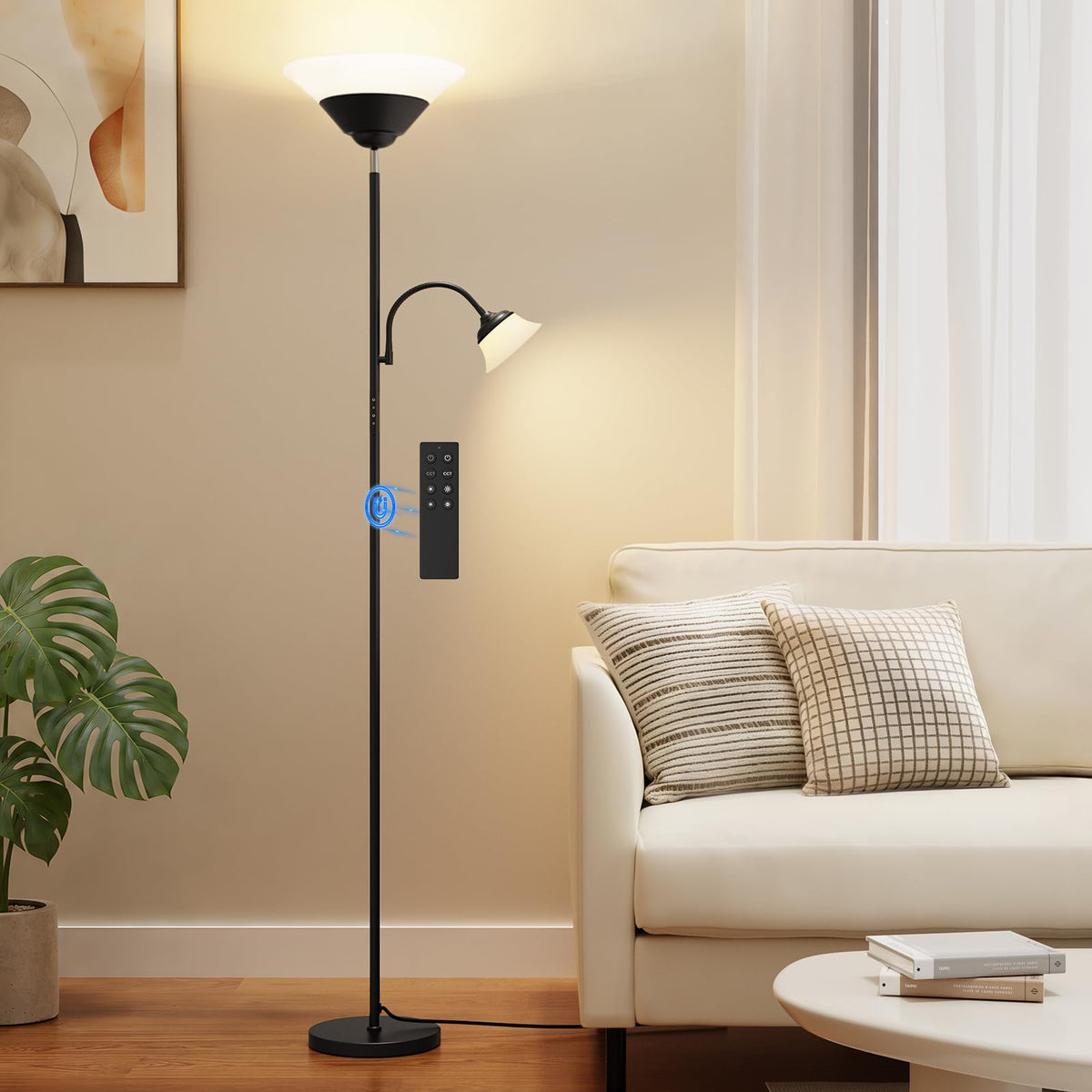 2-in-1 Torchiere Floor Lamp, 34W Super Bright LED Standing Lamp with Remote & Touch Control, 72" Dimmable Adjustable Corner Reading Lamp for Living Room, Bedroom, Office, Black