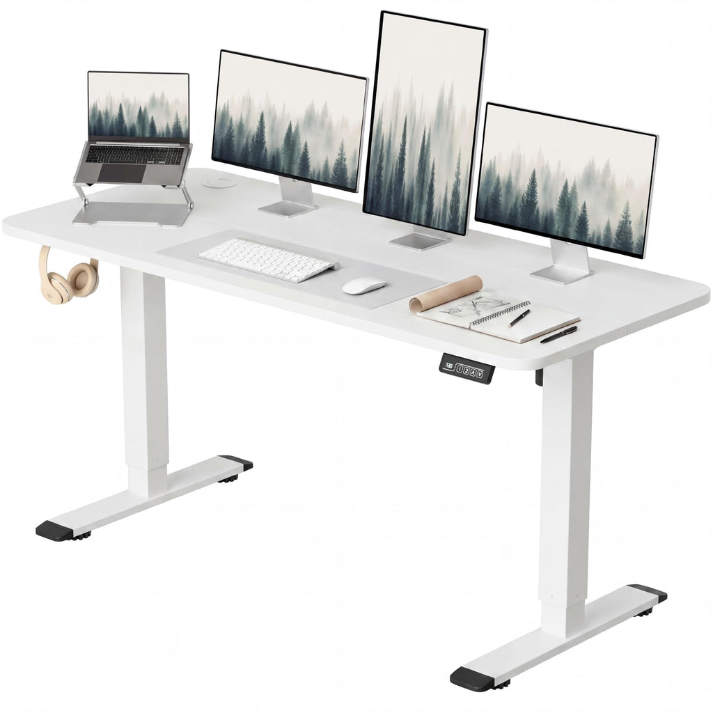 Electric Height Adjustable Standing Desk Large 55 x 24 Inches Sit Stand up Desk Home Office Computer Desk Memory Preset with T-Shaped Metal Bracket, White