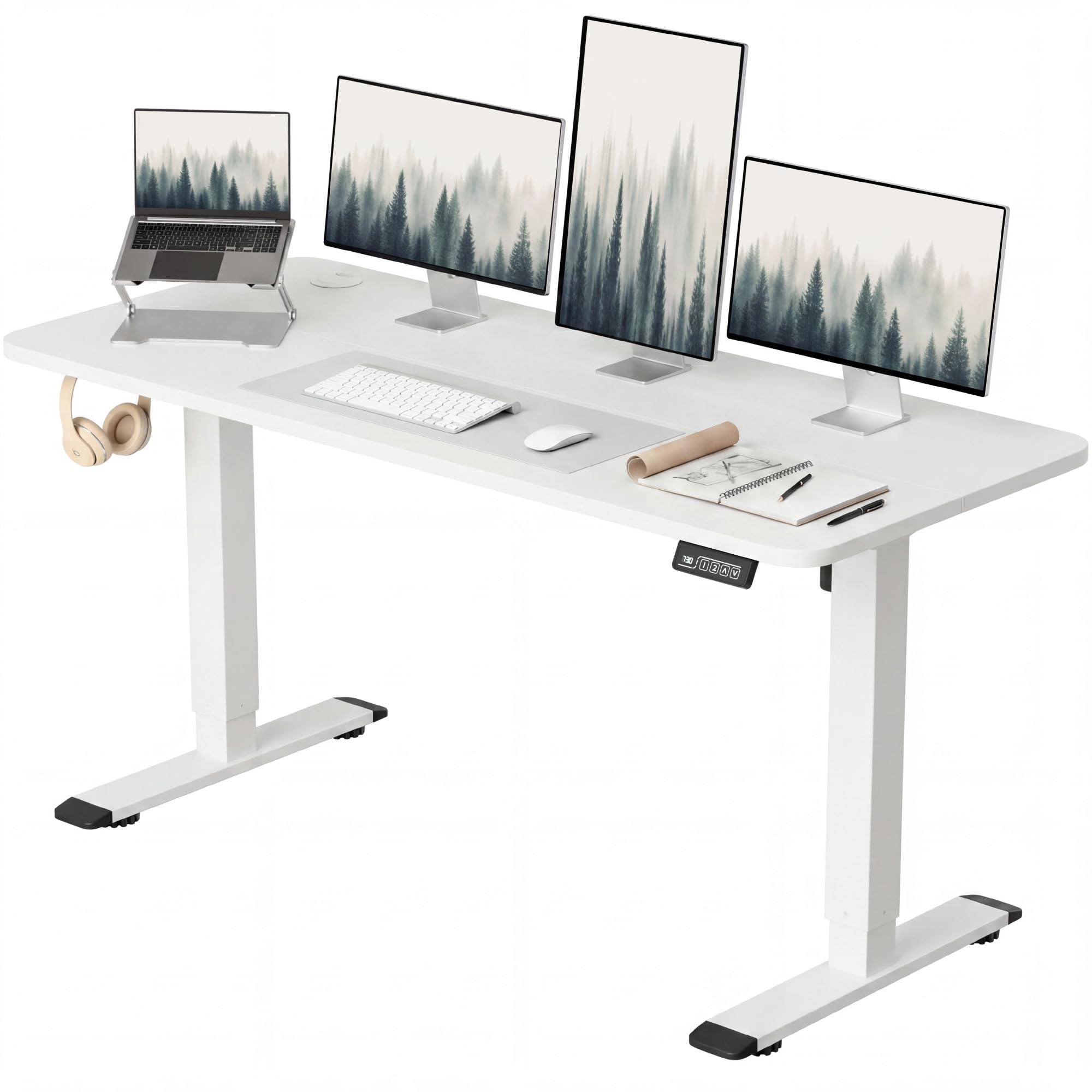 Electric Height Adjustable Standing Desk Large 55 x 24 Inches Sit Stand up Desk Home Office Computer Desk Memory Preset with T-Shaped Metal Bracket, White