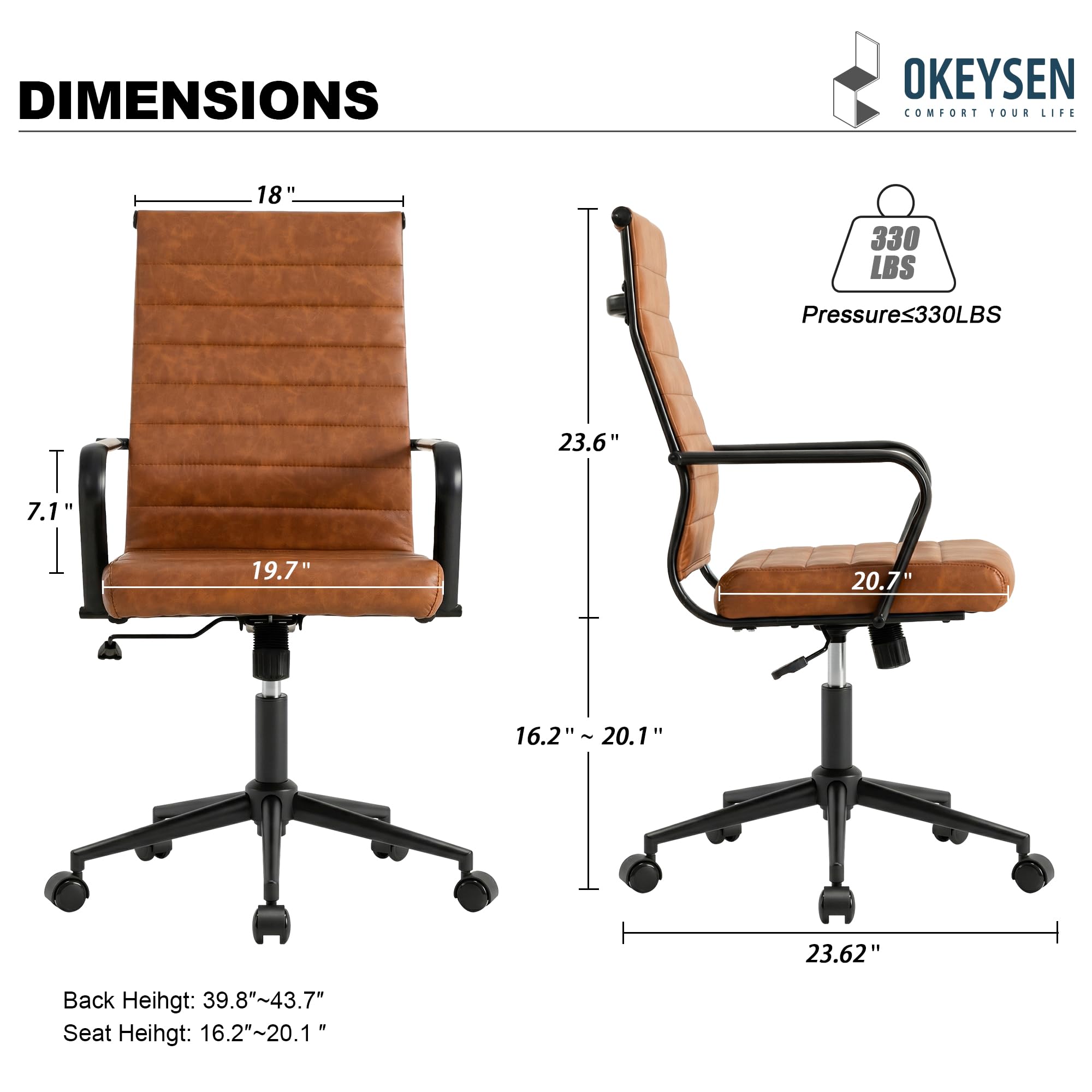 Leather Office Desk Chair, Mid-Century Modern Leather Conference Room Chairs, Ergonomic Executive Ribbed Height Adjustable Swivel Rolling Chair for Home Office.