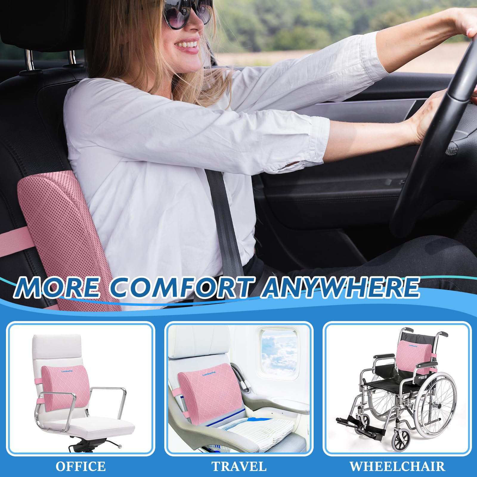 Lumbar Support Pillow for Office Chair Back Support Lumbar Pillow for Car, Gaming, Office Chair - Improve Sitting Posture & Back Pain Relief, Memory Foam, Adjustable Straps, Pink