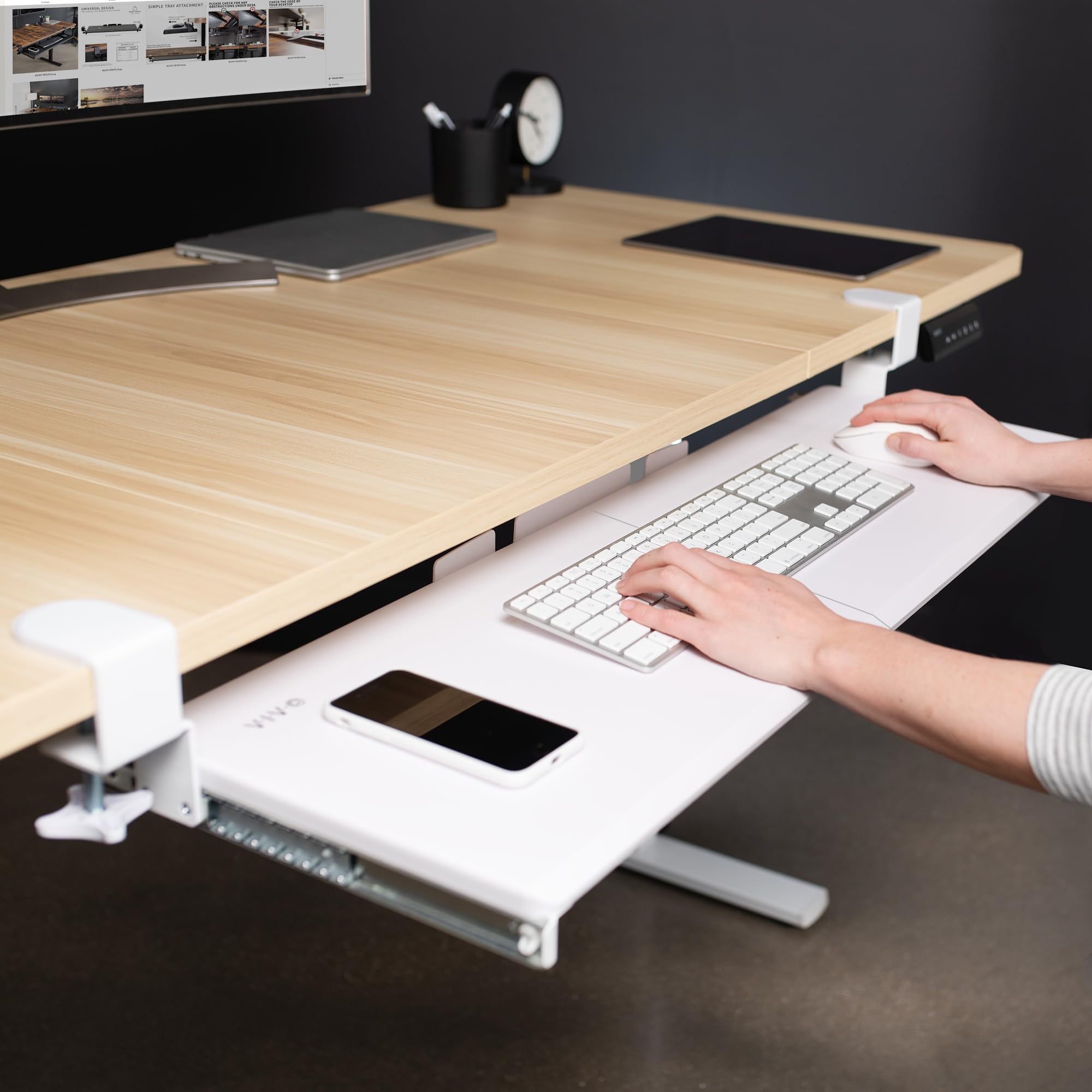Extra Long Clamp-on Computer Keyboard and Mouse Under Desk Slider Tray, 34 x 11 inch Pull Out Platform Drawer, White