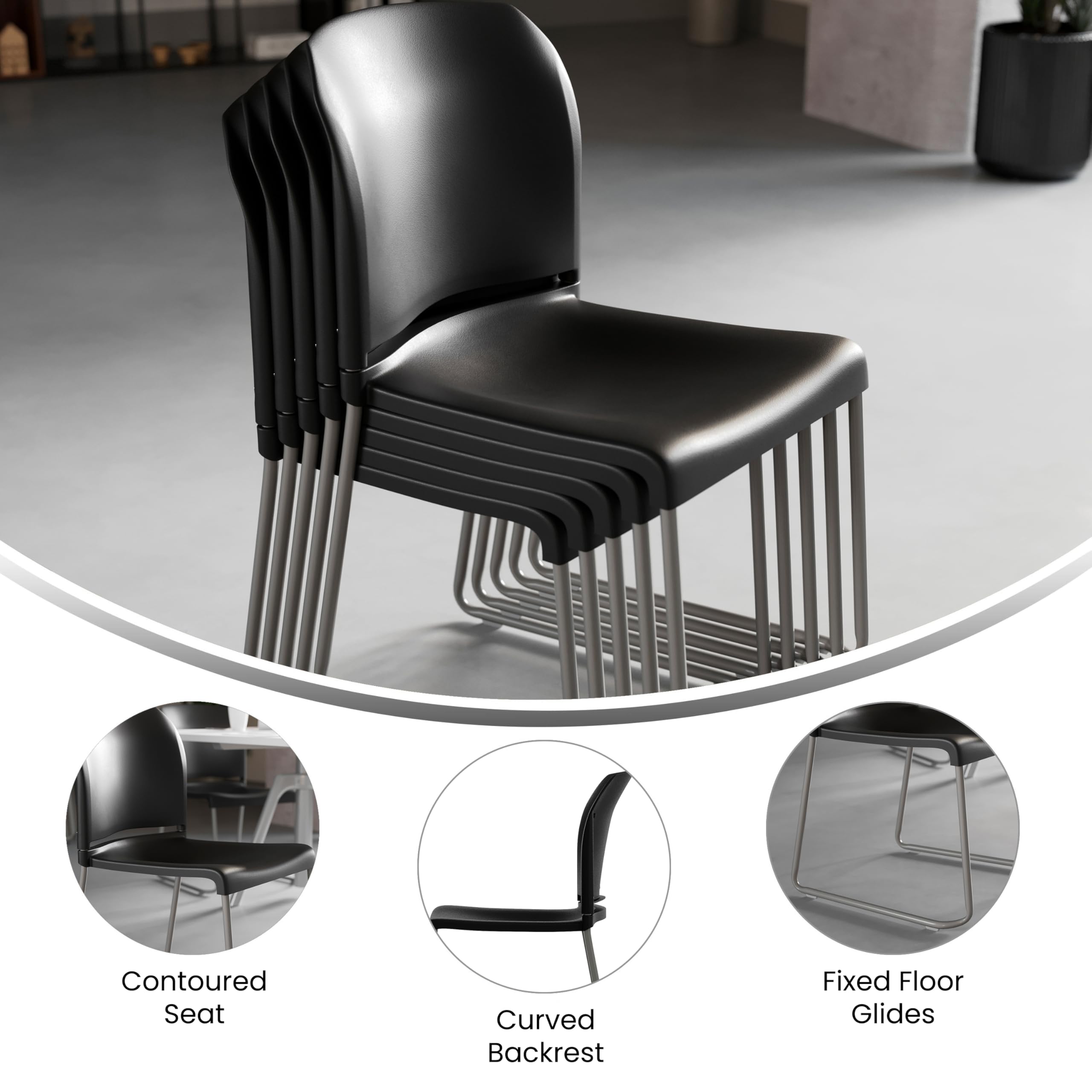 Set of 5, Hercules Series Contoured Stacking Chairs for Waiting Rooms and Offices, Ergonomic Lobby Chairs with Curved Back, Black
