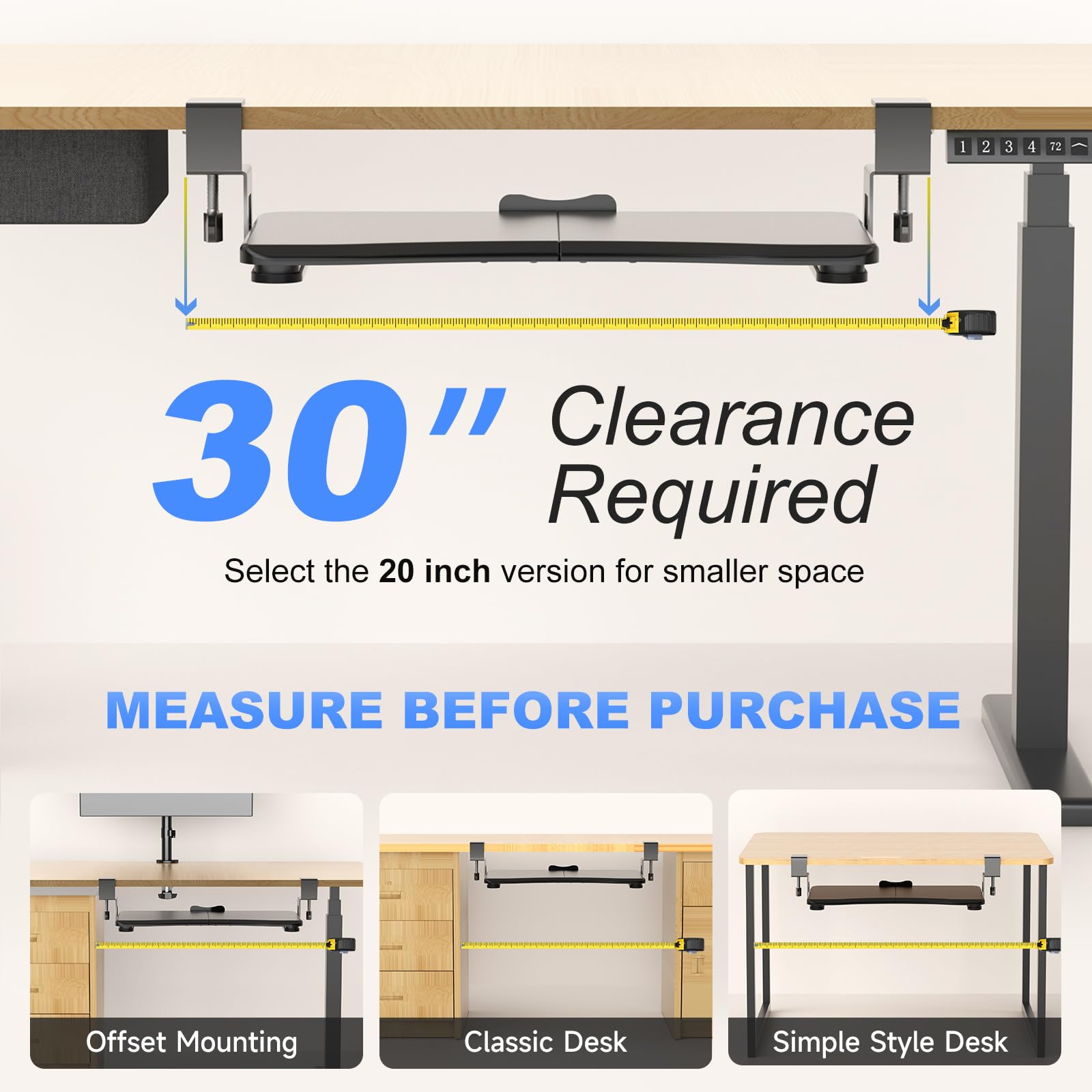 Keyboard Tray Under Desk Pull Out with C Clamp Mount, Computer Keyboard & Mouse Tray, 25.6 (30 Including Clamps) x 11.8 inch Slide-Out Platform Computer Drawer for Typing, Black,
