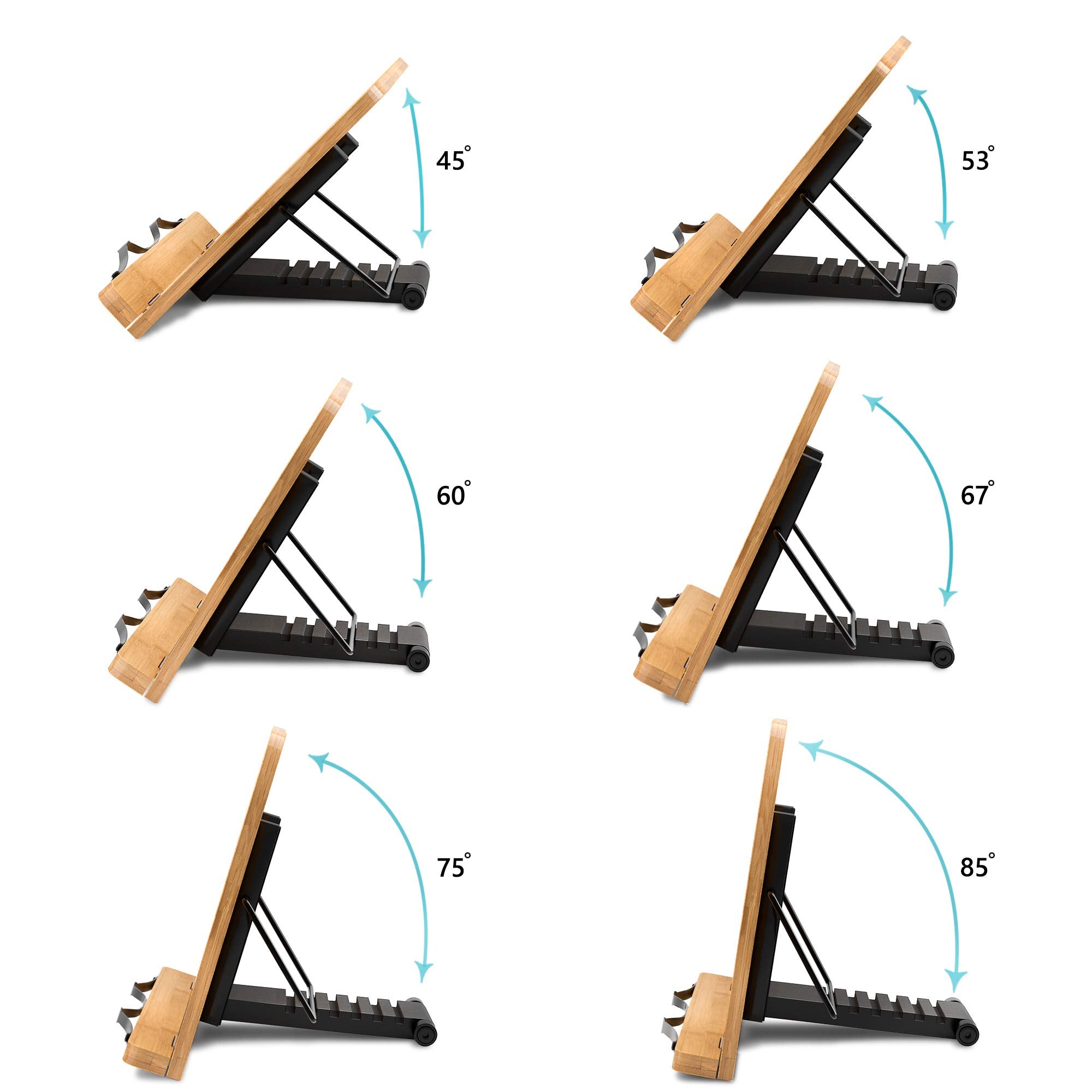 Bamboo Book Stand, Large Book Holder with 6 Adjustable Height, Foldable Cookbook Stand Desktop Document Holder for Kitchen & Office (13.4 x 9.3 Inch)