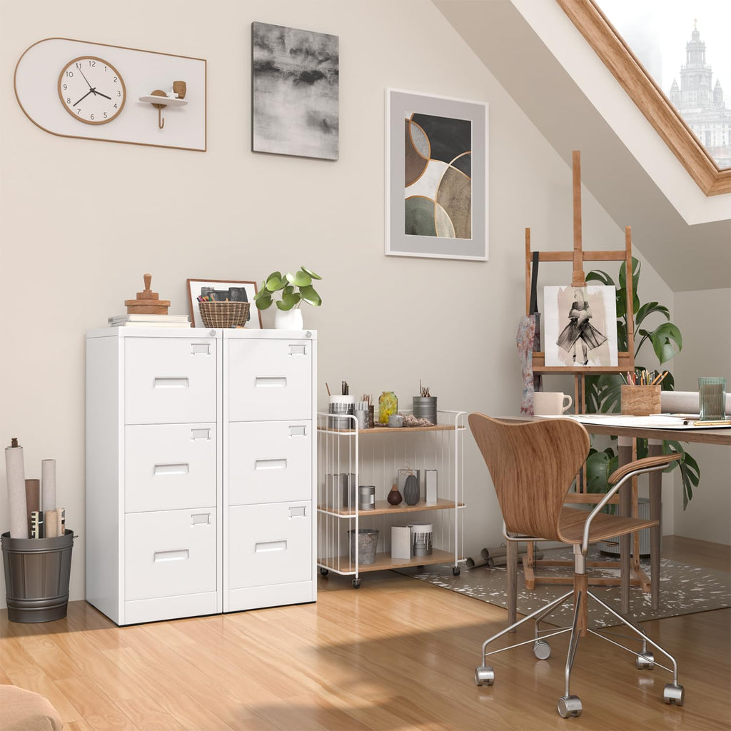 3 Drawer File Cabinet, White Metal Filing Cabinet with Lock, Locking Tall File Cabinets with 4 Adjustable Hanging Frame for Home Office, Name Tag
