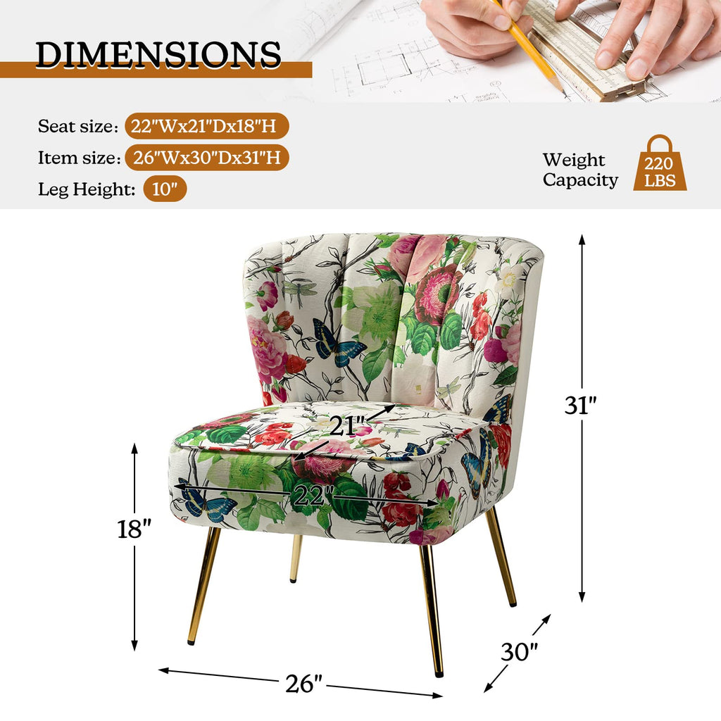 Armless Accent Chair with Gold Metal Legs, Comfy Tufted Floral Fabric Living Room Chair Wingback Small Side Chair, Upholstered Slipper Chair for Bedroom, Reading Room (Print Flower, IVORY)
