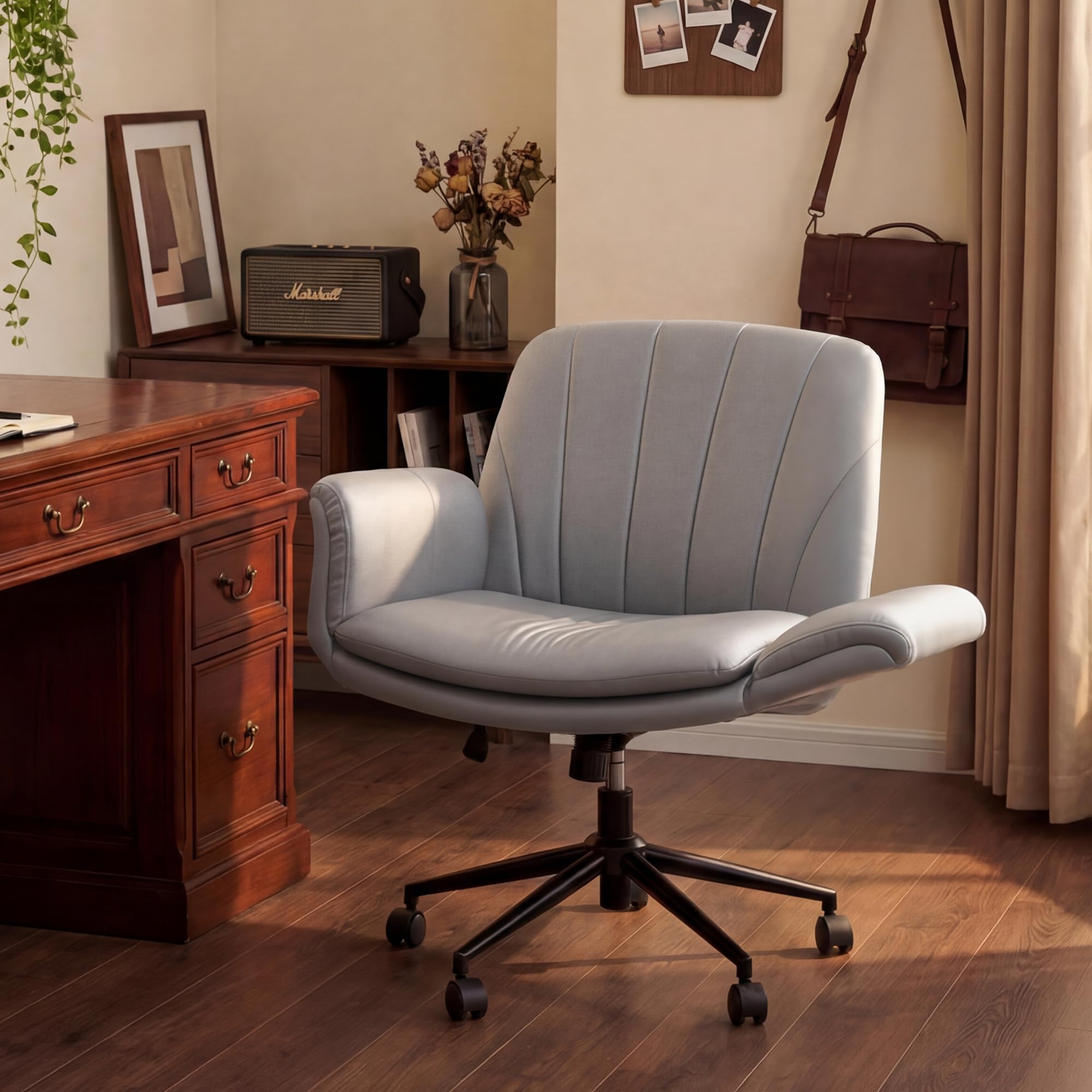 Criss Cross Chair with Five-Level Adjustable Arms and Wheels - Comfortable Ergonomic PU Leather Swivel Vanity Chair - Computer Makeup Gaming Chair for Home Office, Bedroom, Vanity Room (Grey)