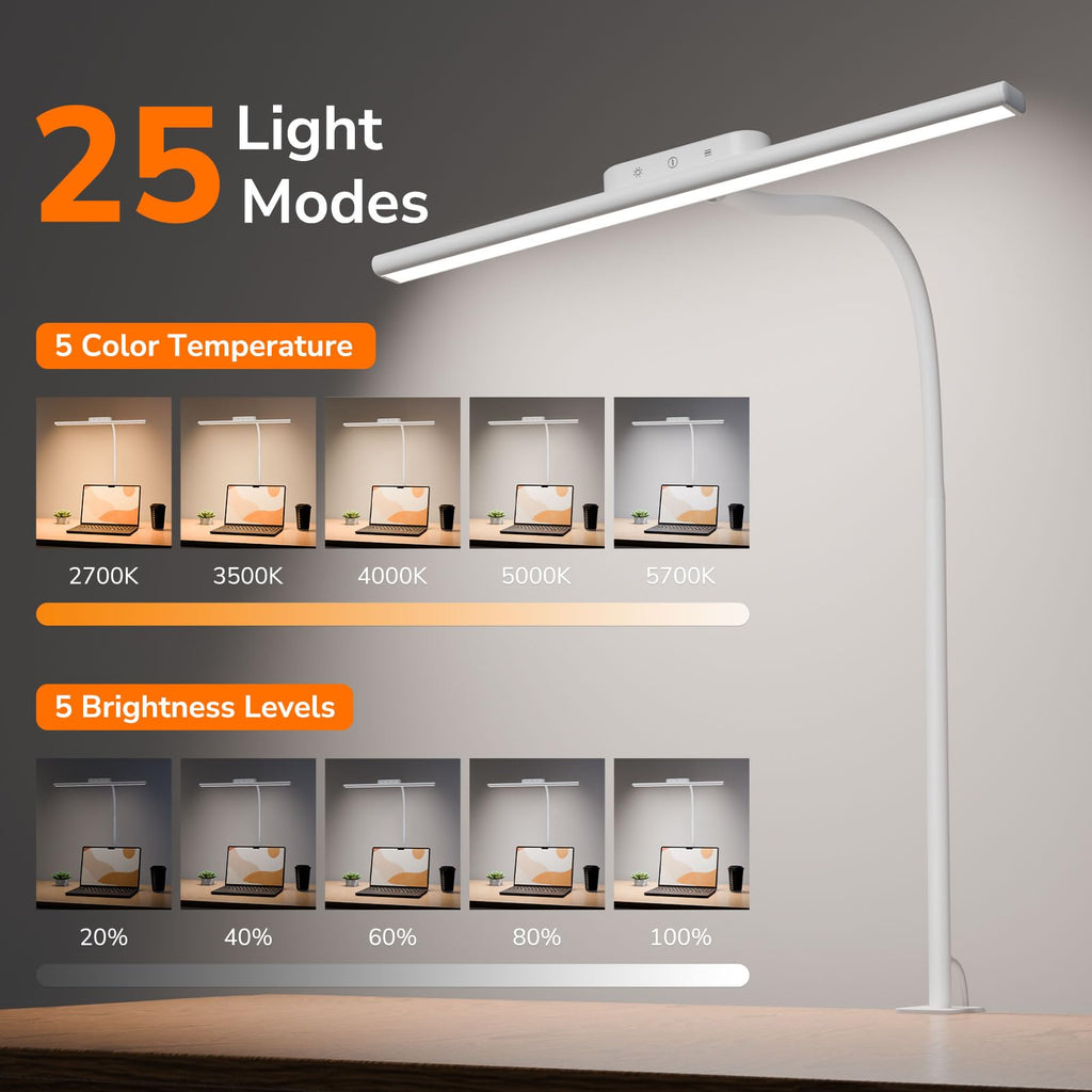 Led Desk Lamp for Office, Metal Architect Lamp with Clamp, 11W 750LM Eye-Caring Task Light, 25 Lighting Modes, Flexible Gooseneck for Monitor, Workbench, Drafting, Crafts, Reading, White
