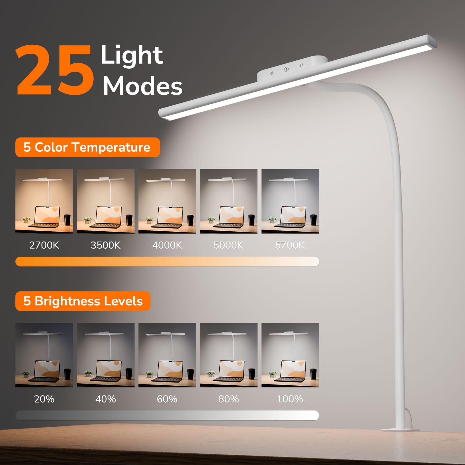 Led Desk Lamp for Office, Metal Architect Lamp with Clamp, 11W 750LM Eye-Caring Task Light, 25 Lighting Modes, Flexible Gooseneck for Monitor, Workbench, Drafting, Crafts, Reading, White