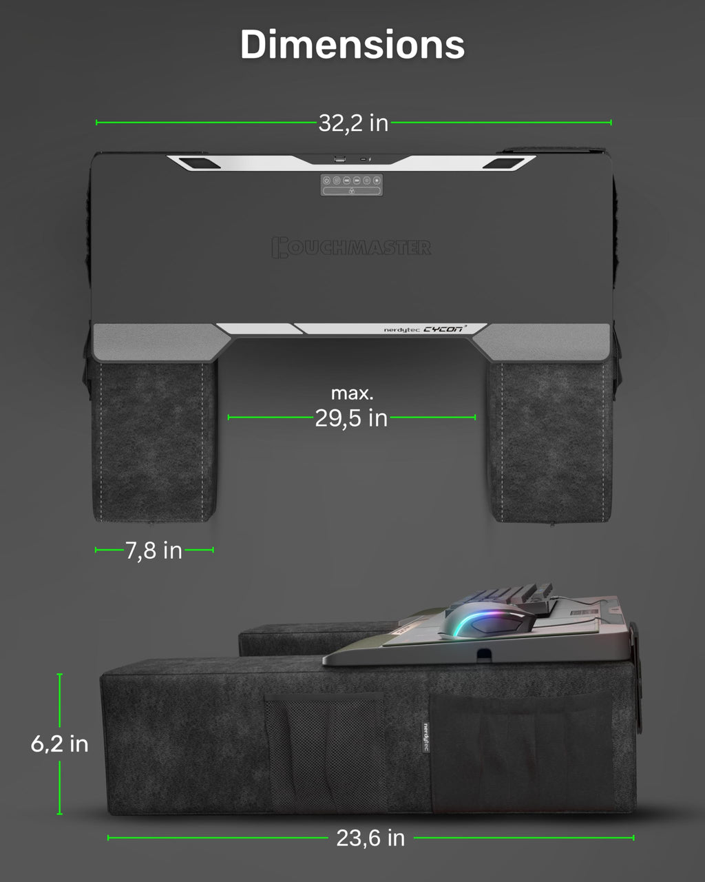 CYCON³ HORIZONLIGHT Bar, Ultimate Ergonomic USB-Hub Gaming Lap Desk for Couch and Bed, Large, Stable and Compatible with All Keyboards and Mouse/Mice, Laptops, PCs, PS4/5, Xbox