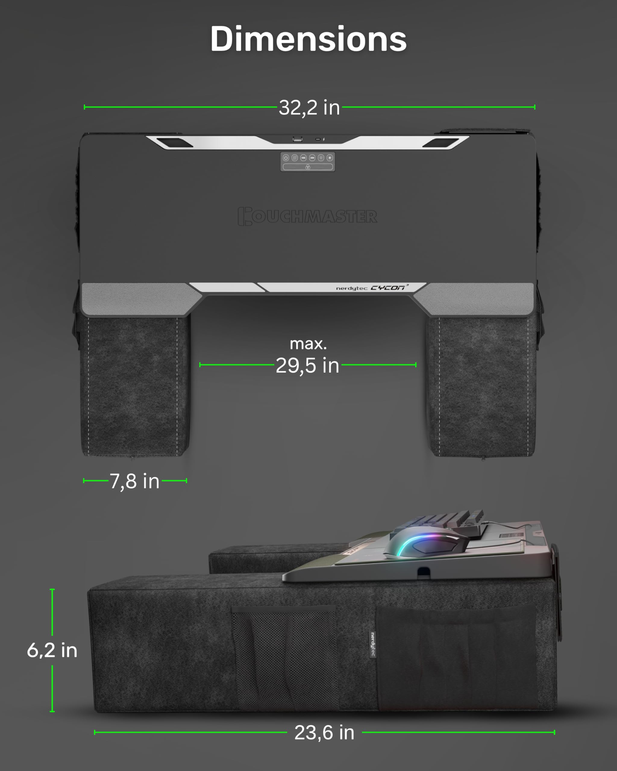 CYCON³ HORIZONLIGHT Bar, Ultimate Ergonomic USB-Hub Gaming Lap Desk for Couch and Bed, Large, Stable and Compatible with All Keyboards and Mouse/Mice, Laptops, PCs, PS4/5, Xbox
