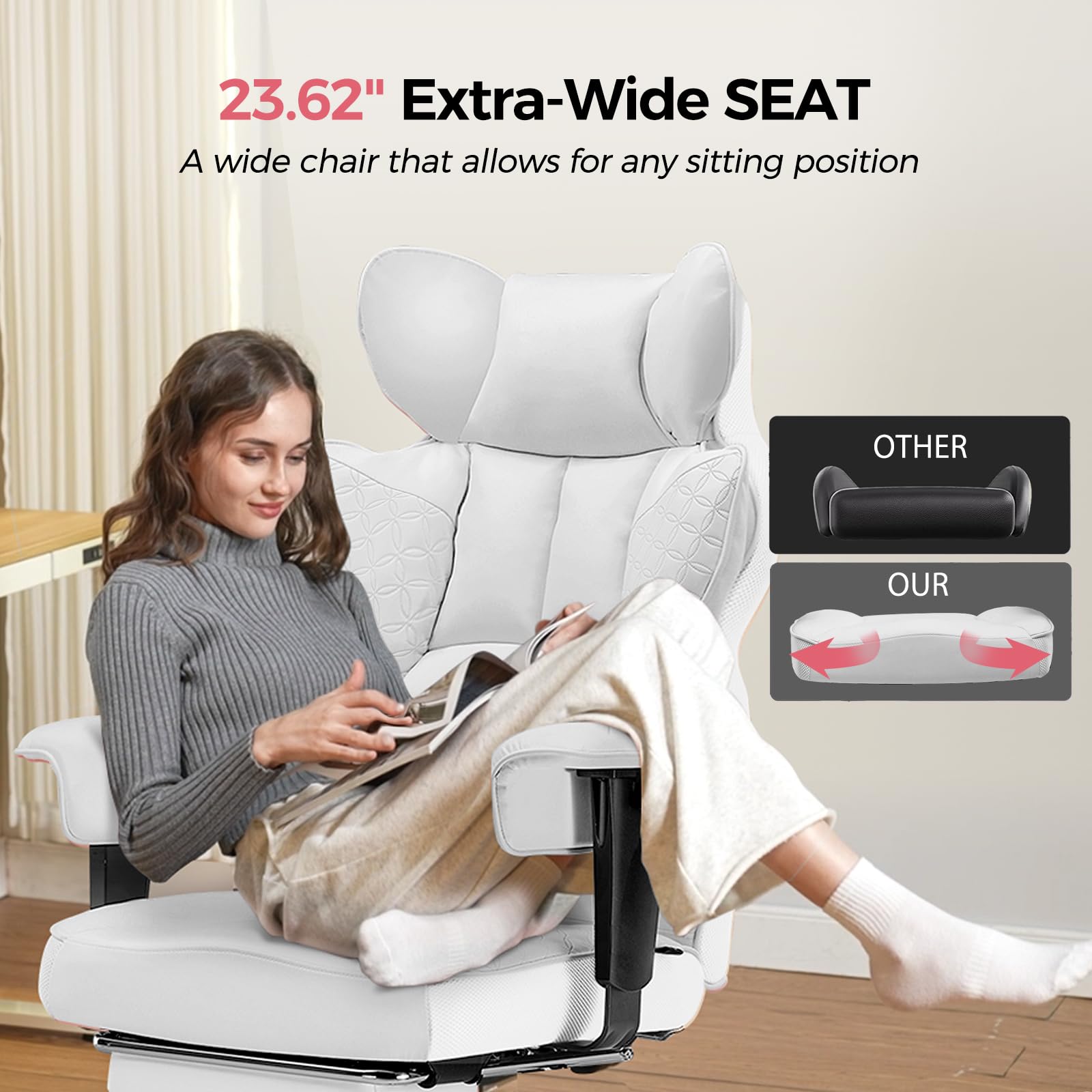 Big and Tall Gaming Chair 400lbs Heavy Duty Office Chair with Foot Rest & Ergonomic Pocket Spring Lumbar Support, High Back Executive Computer Desk Chair for Lower Back Pain Relief, White