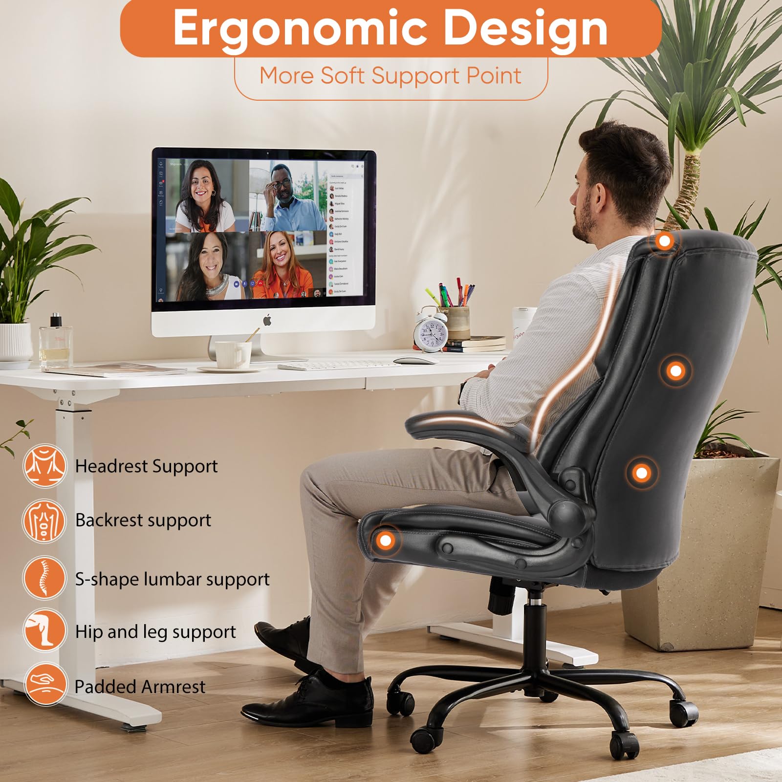 Computer Gaming Chair, Ergonomic High Back Heavy Duty Task Desk Office Chairs with Wheels, Flip-up Arms, Adjustable Height, PU Leather,Inky