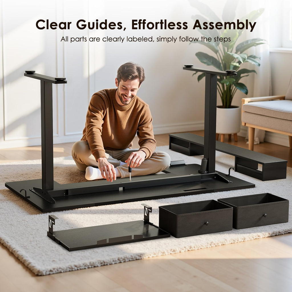 U Shaped Electric Standing Desk with Drawers, 55 Inch Height Adjustable Desk with Keyboard Tray ＆ Ergonomic Monitor Stand, Sit Stand Table with Power Outlets for Home, Office, Black