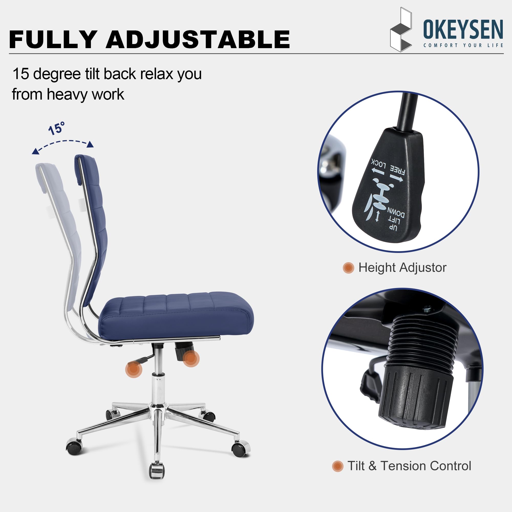 Armless Office Desk Chair, Mid Back Leather Conference Room Chairs Without Armrests, Modern Office Chair Ribbed.