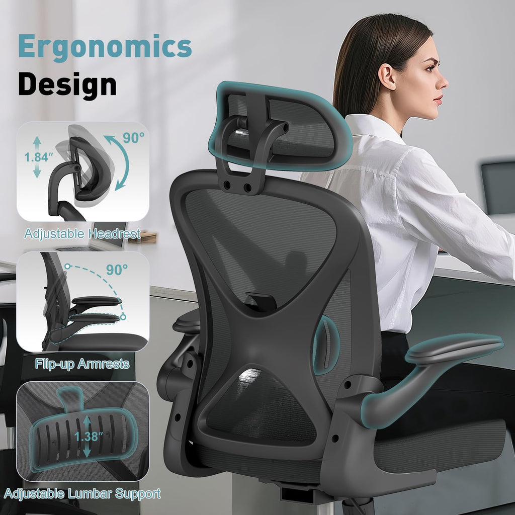 Ergonomic Office Chair, Mesh Fabric Home Office Chairswith Adjustable Lumbar Support, Headrest, 360° Swivel, and Flip-UpArmrests, Black