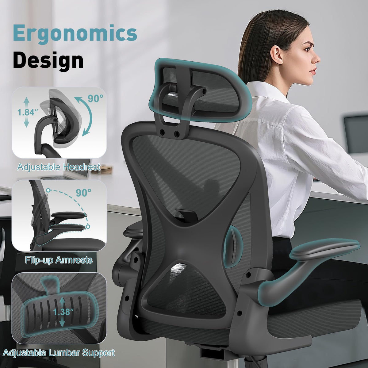 Ergonomic Office Chair Set of 10, with Adjustable Lumbar Support, Mesh Fabric Home Office Chair with Headrest, 360° Swivel and Flip-Up Armrests, Black