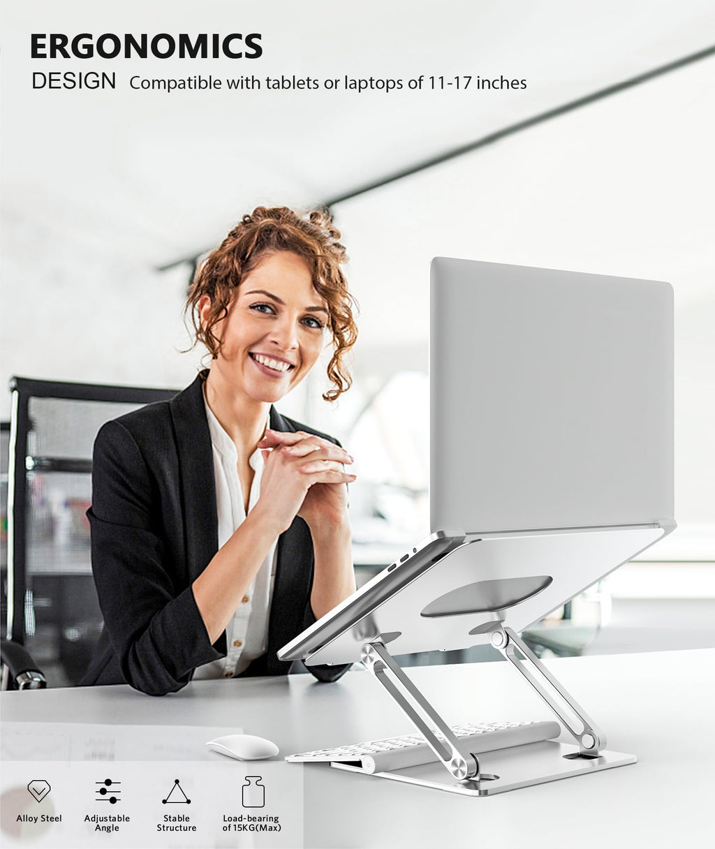 Laptop Stand, Adjustable Multi-Angle Laptop Holder, Compatible for Laptops up to 17 inches, Sturdy Aluminum & Silicone, Silver