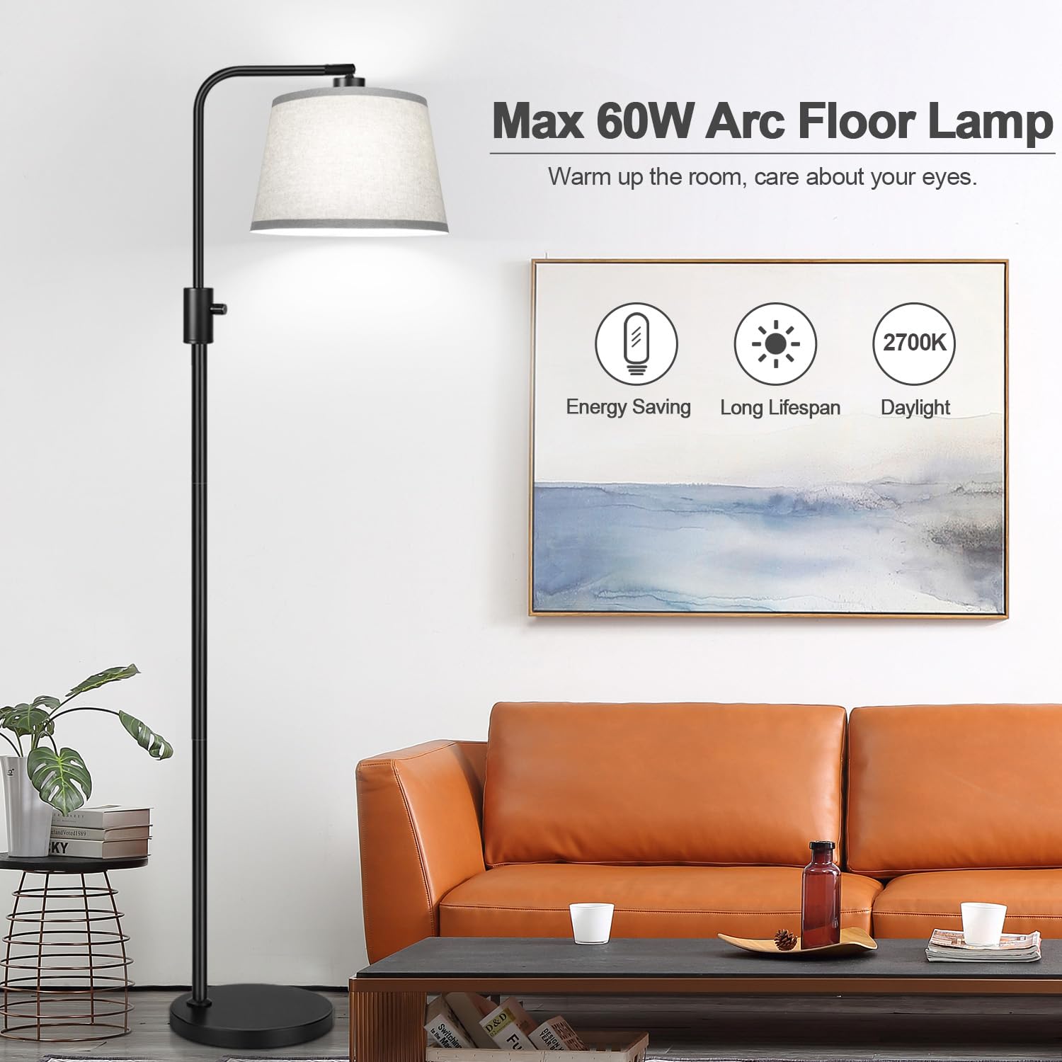 Floor Lamp, 1000 Lumens LED Edison Bulb Included, Arc Floor Lamps for Living Room Modern Standing Lamp with Gray Shade, Tall Lamps for Living Room Bedroom Office Dining Room